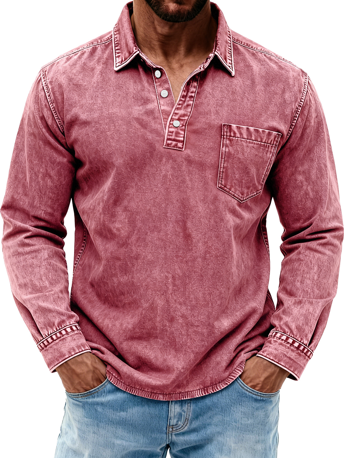 Men's Retro Washed Casual Polo Shirt with Turn-Down Collar and Buttons
