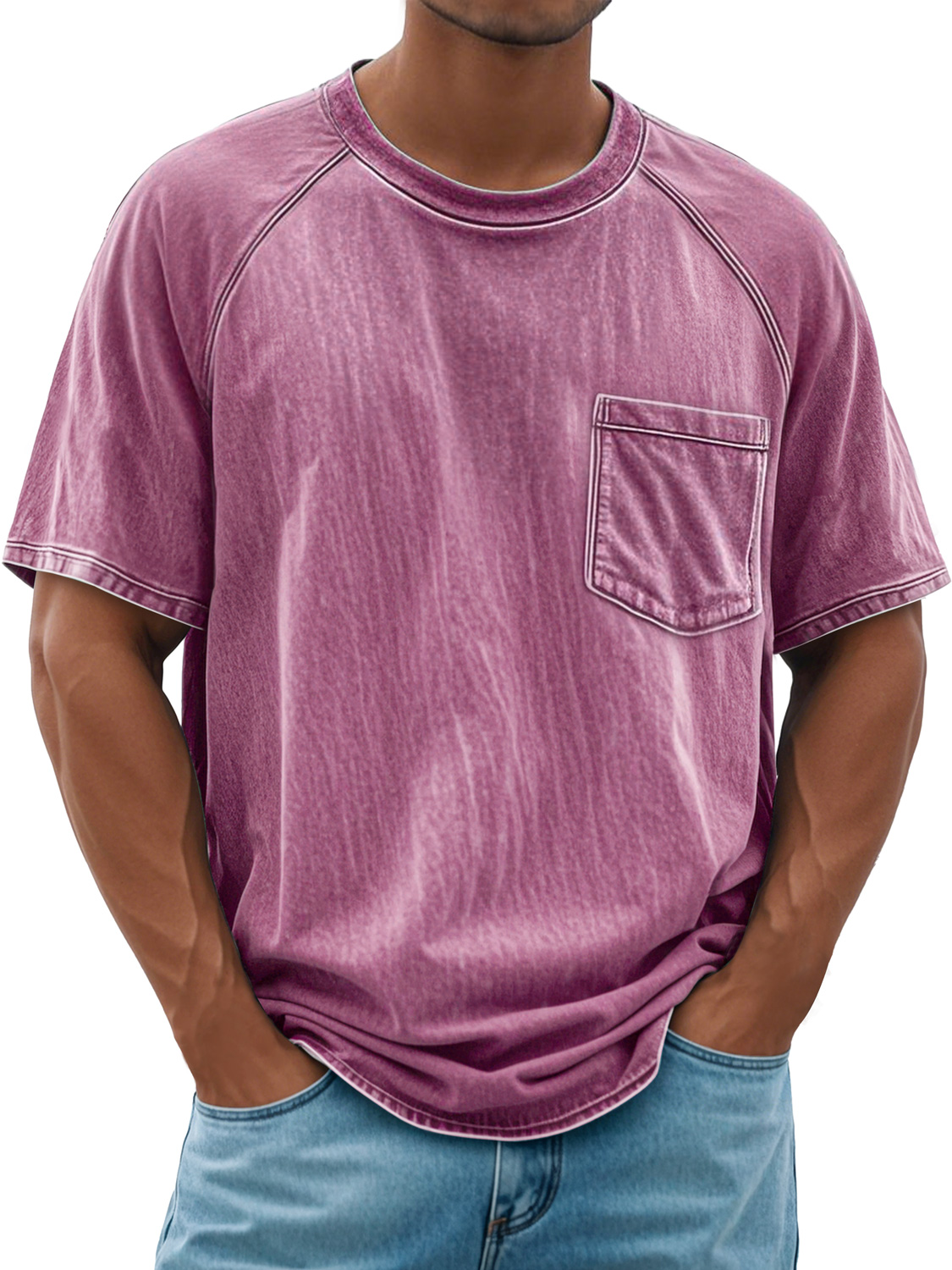 Men's Retro Round Neck Raglan Pocket Casual Short Sleeve T-Shirt