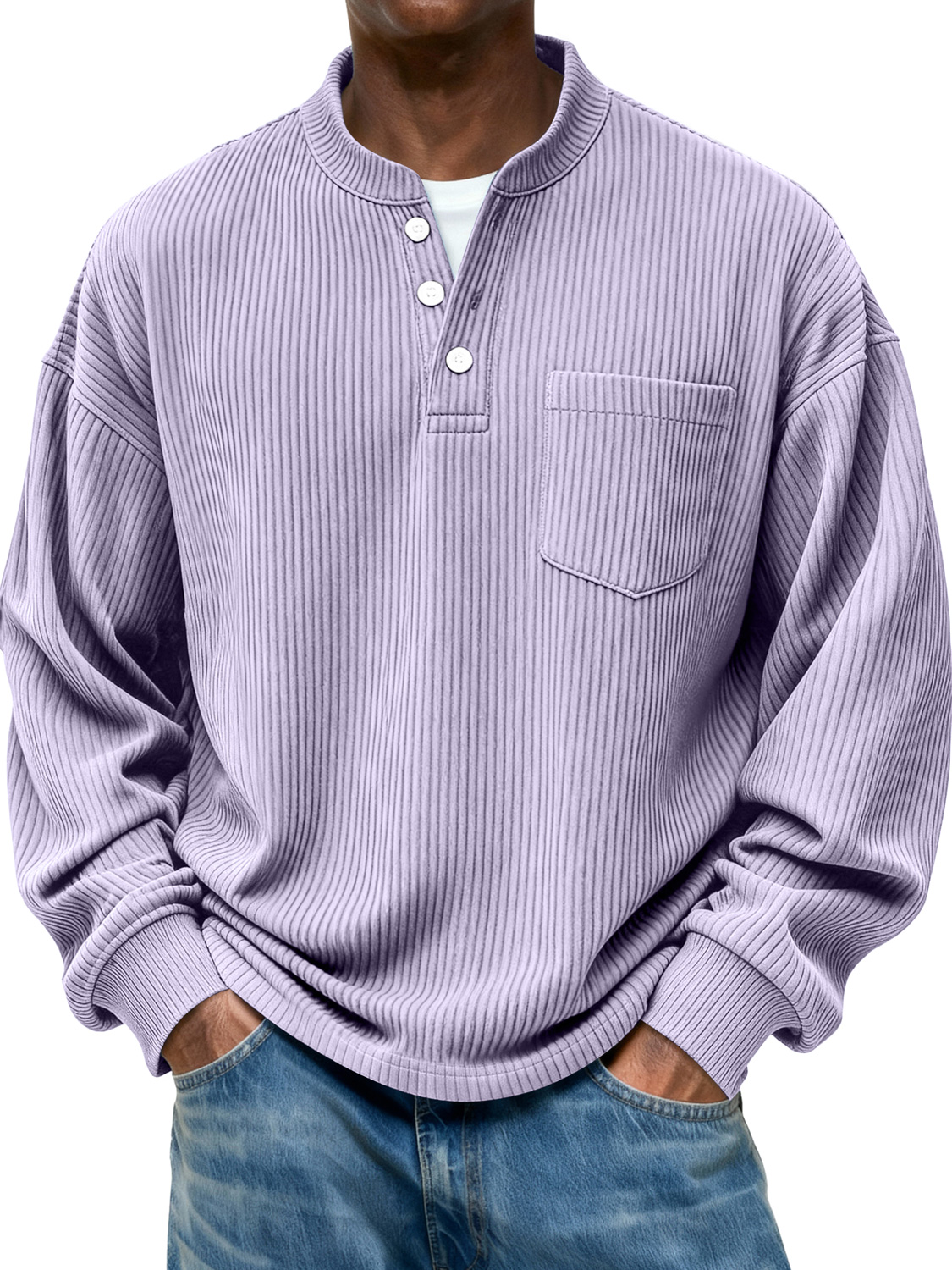 Men's Stand Collar Button Ribbed Casual Pocket Long Sleeve Henley Shirt