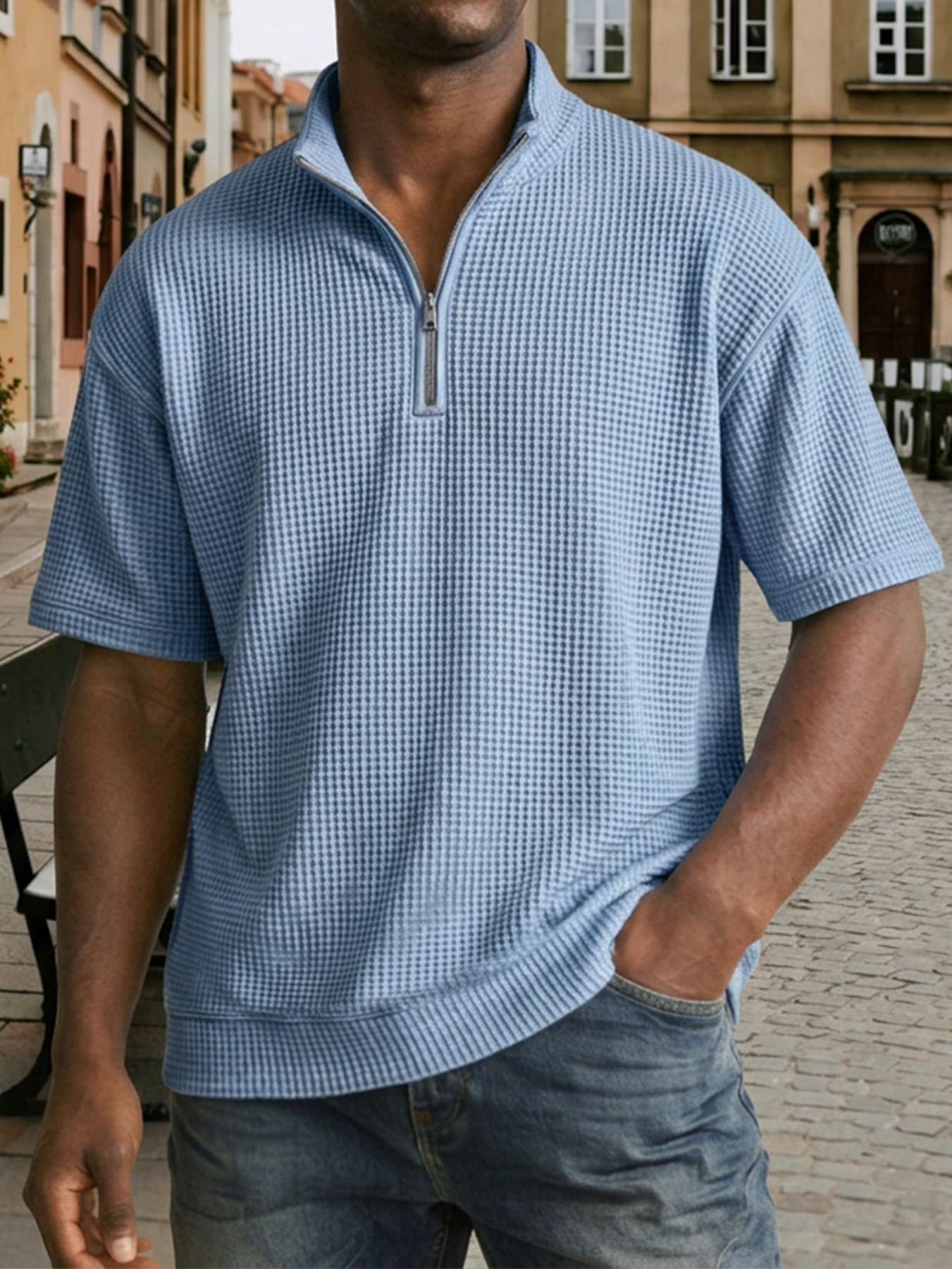 Men's Waffle Collar Zipper Casual Short-Sleeve T-Shirt