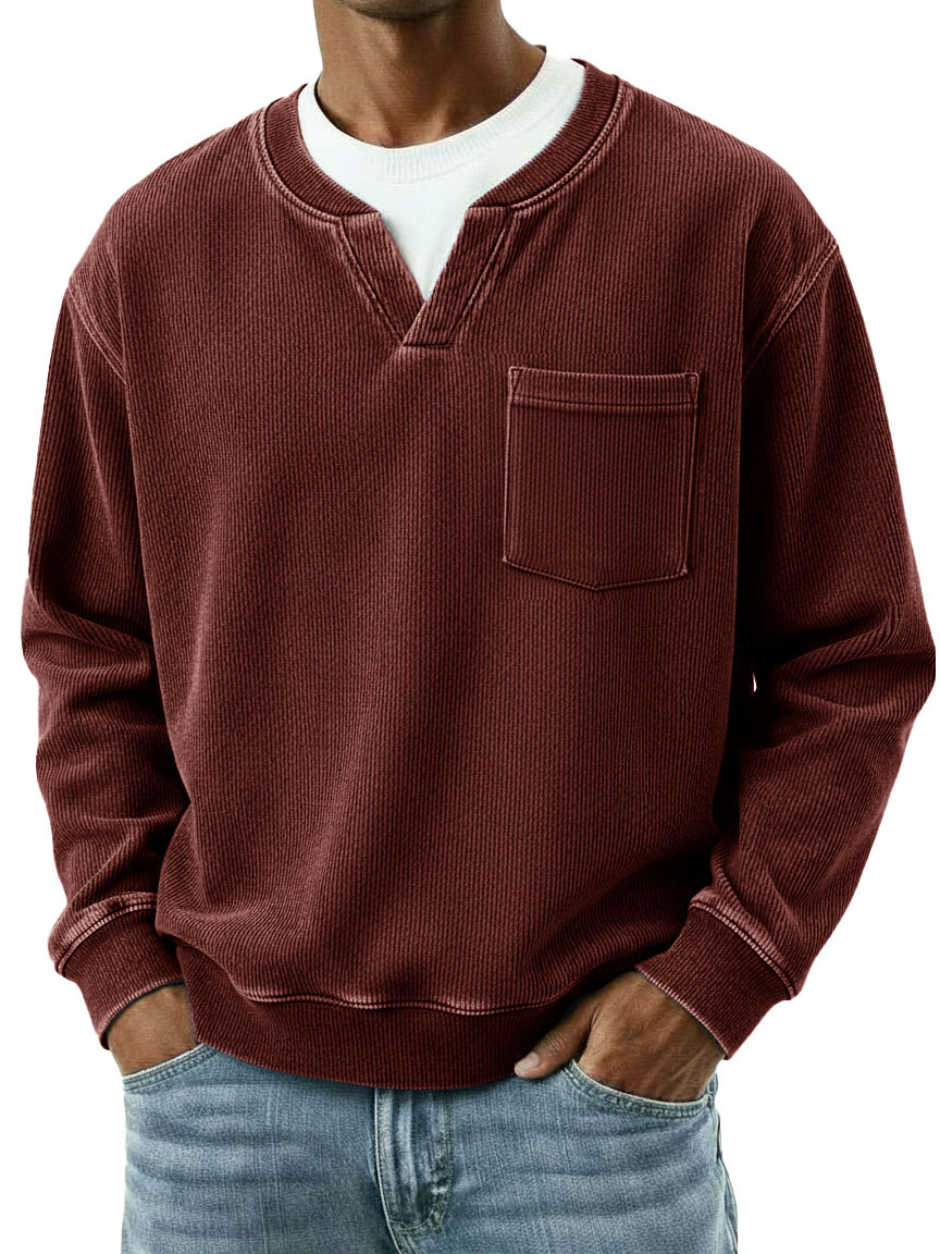 Men's Fashionable Casual Ribbed Fabric Faux Two-Piece Pocket Long-Sleeve T-Shirt
