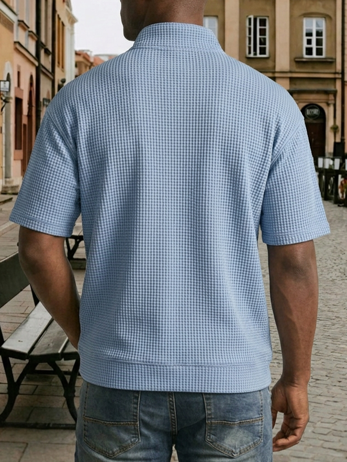 Men's Waffle Collar Zipper Casual Short-Sleeve T-Shirt