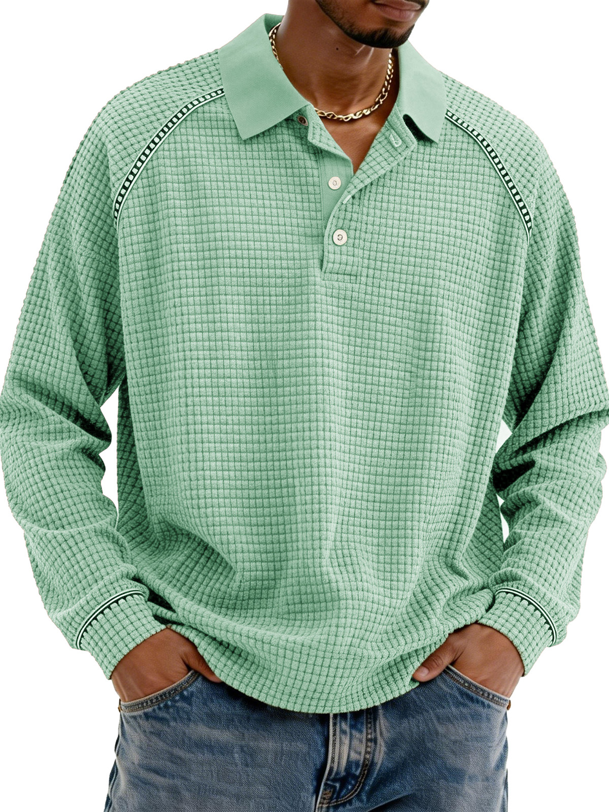 Fashionable Retro Straglan Lapel Long-sleeved Polo Shirt