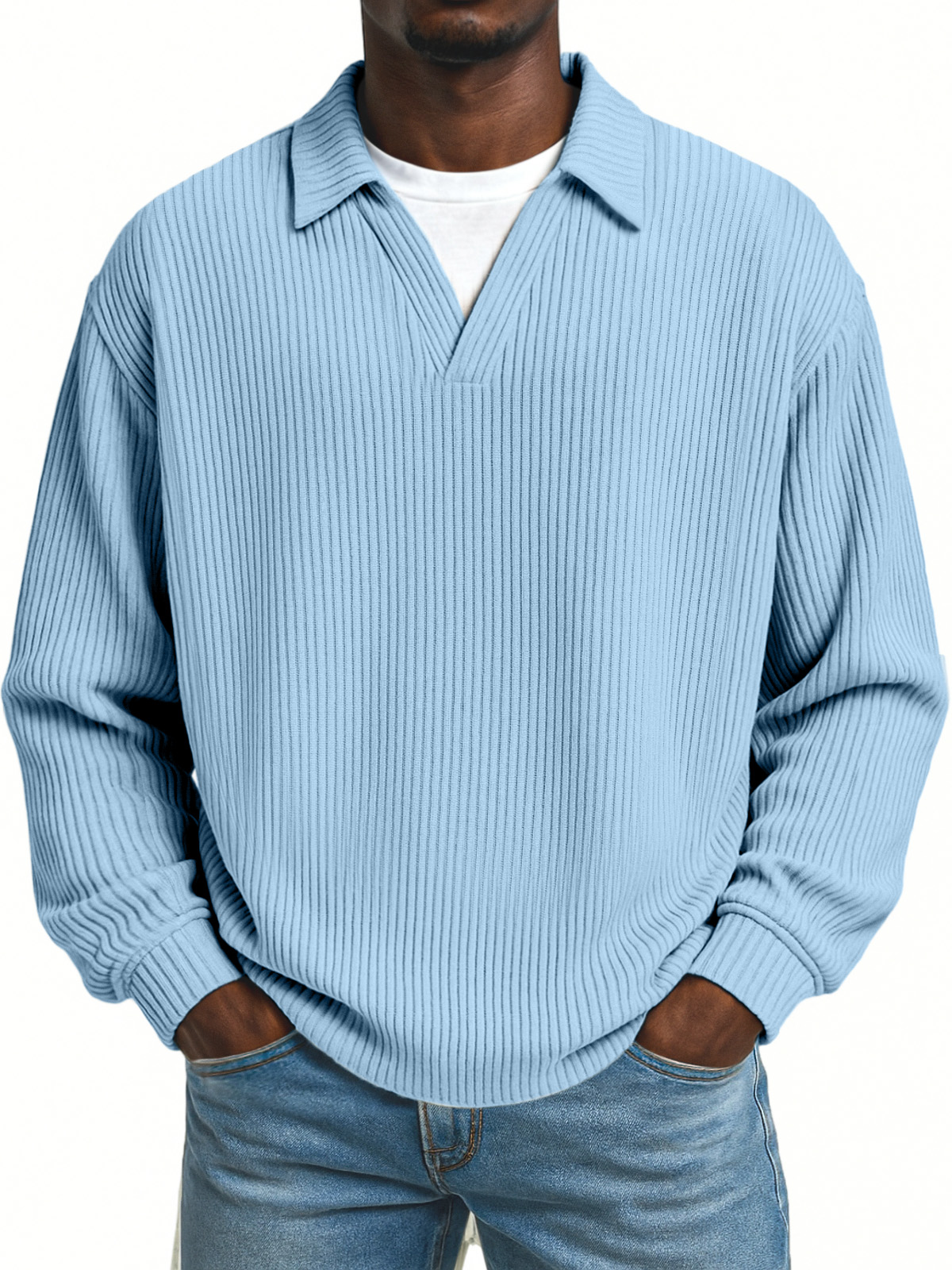 Men's Simple Loose Pit Striped Fake Two-piece Lapel Long-sleeved Polo Shirt