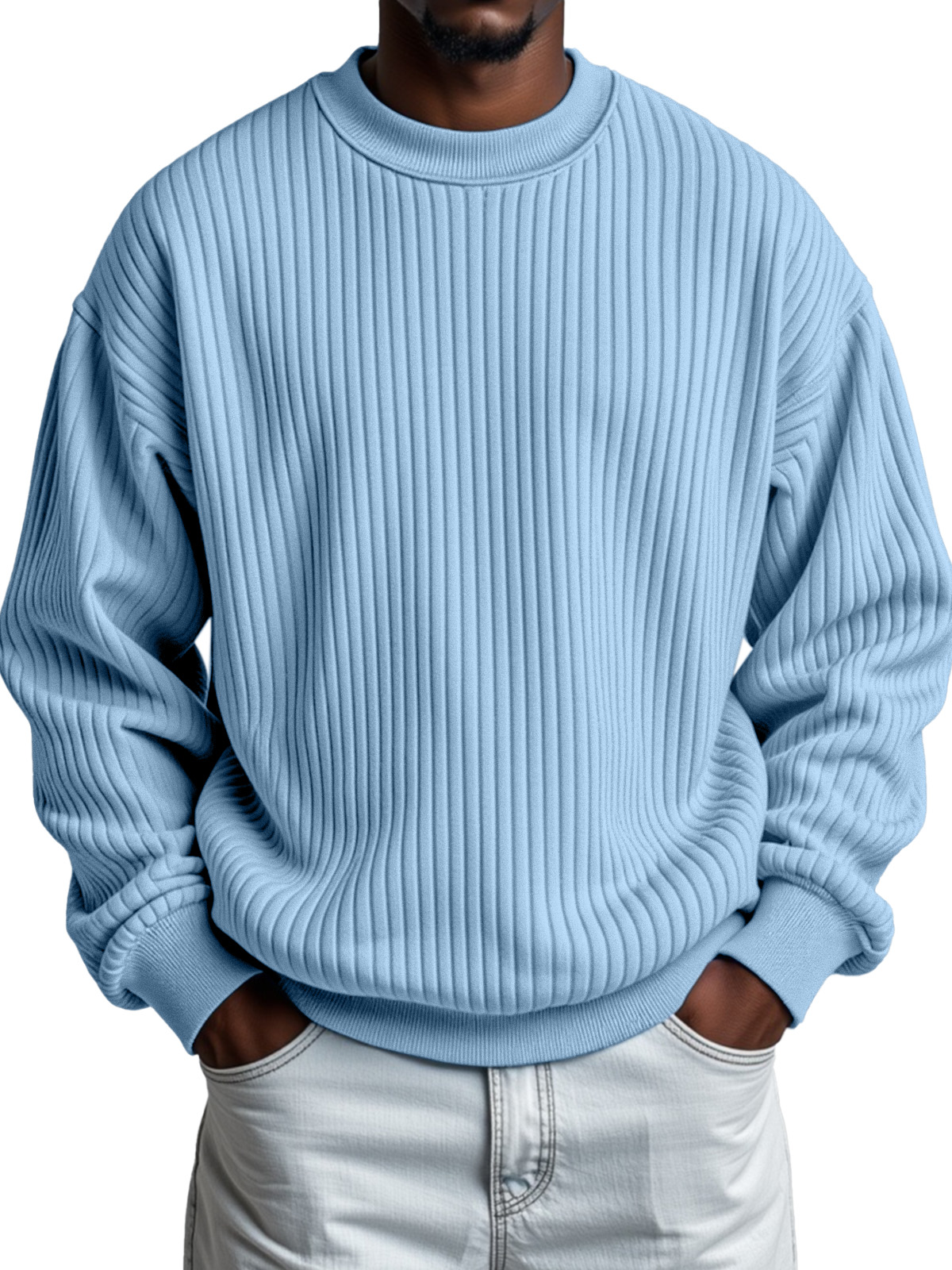Men's Solid Color Quilted Vertical Pit Strip Round Neck Sweatshirt
