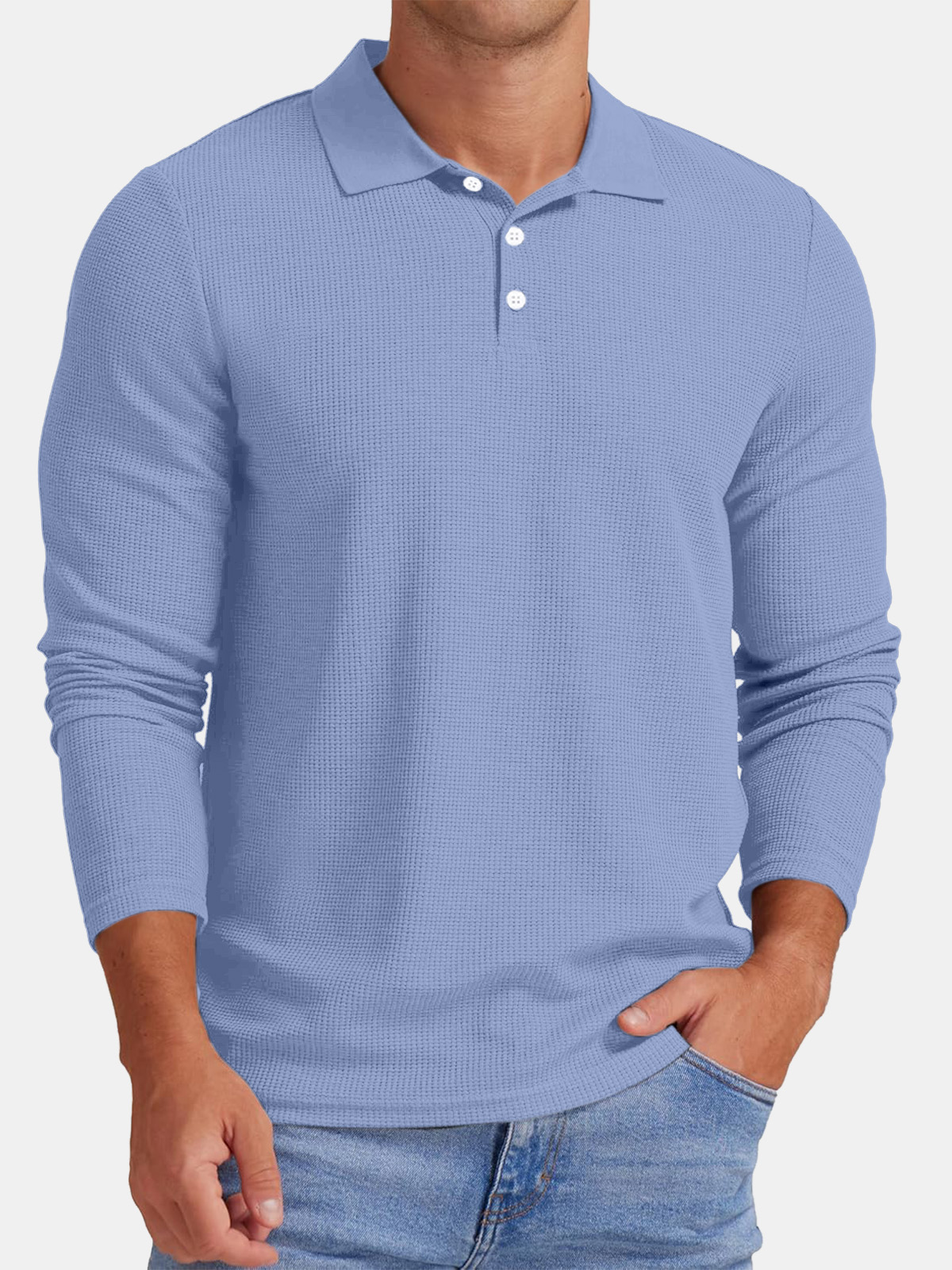 Men's Autumn Comfortable Solid Color Waffle Button Long Sleeve Polo Shirt
