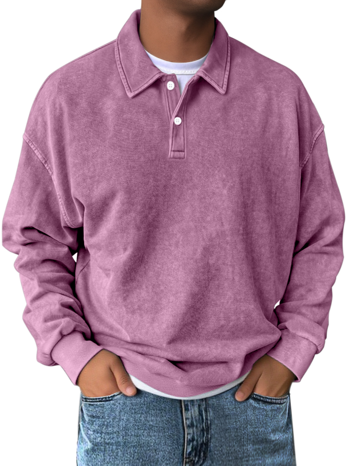 Men's Retro Simple Solid Color Lapel Button Long Sleeve Sweatshirt