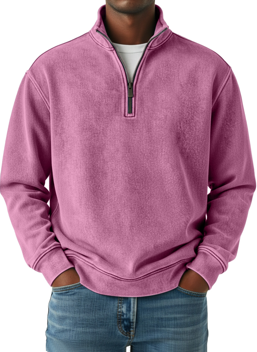 Men's Retro Solid Color Quarter Zip Long Sleeve Polo Shirt