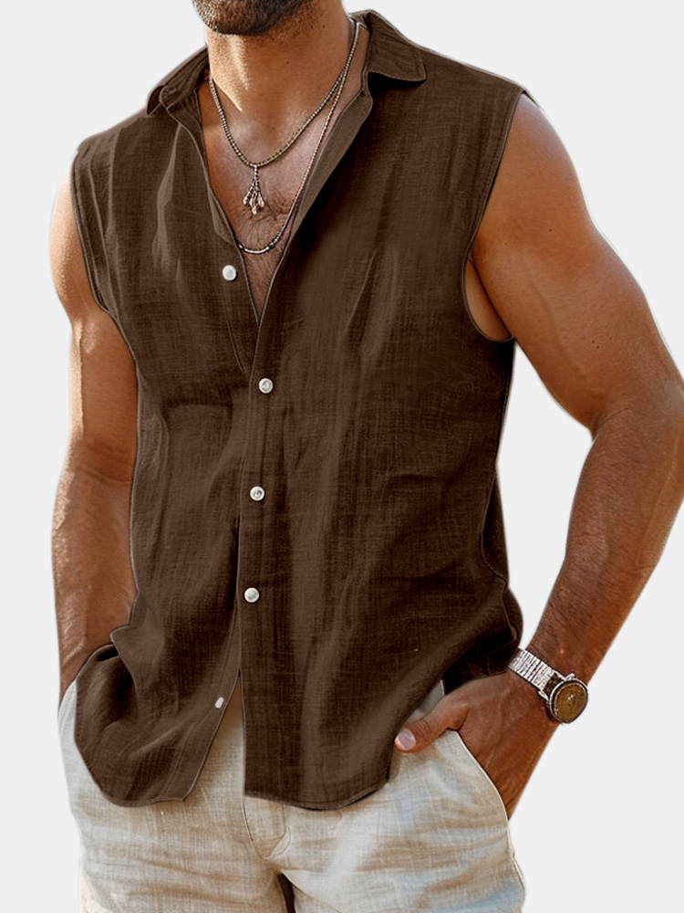 Men's Summer Daily Solid Color Imitation Linen Sleeveless Comfortable Shirt