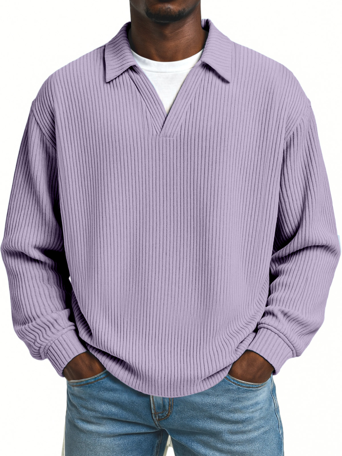 Men's Simple Loose Pit Striped Fake Two-piece Lapel Long-sleeved Polo Shirt