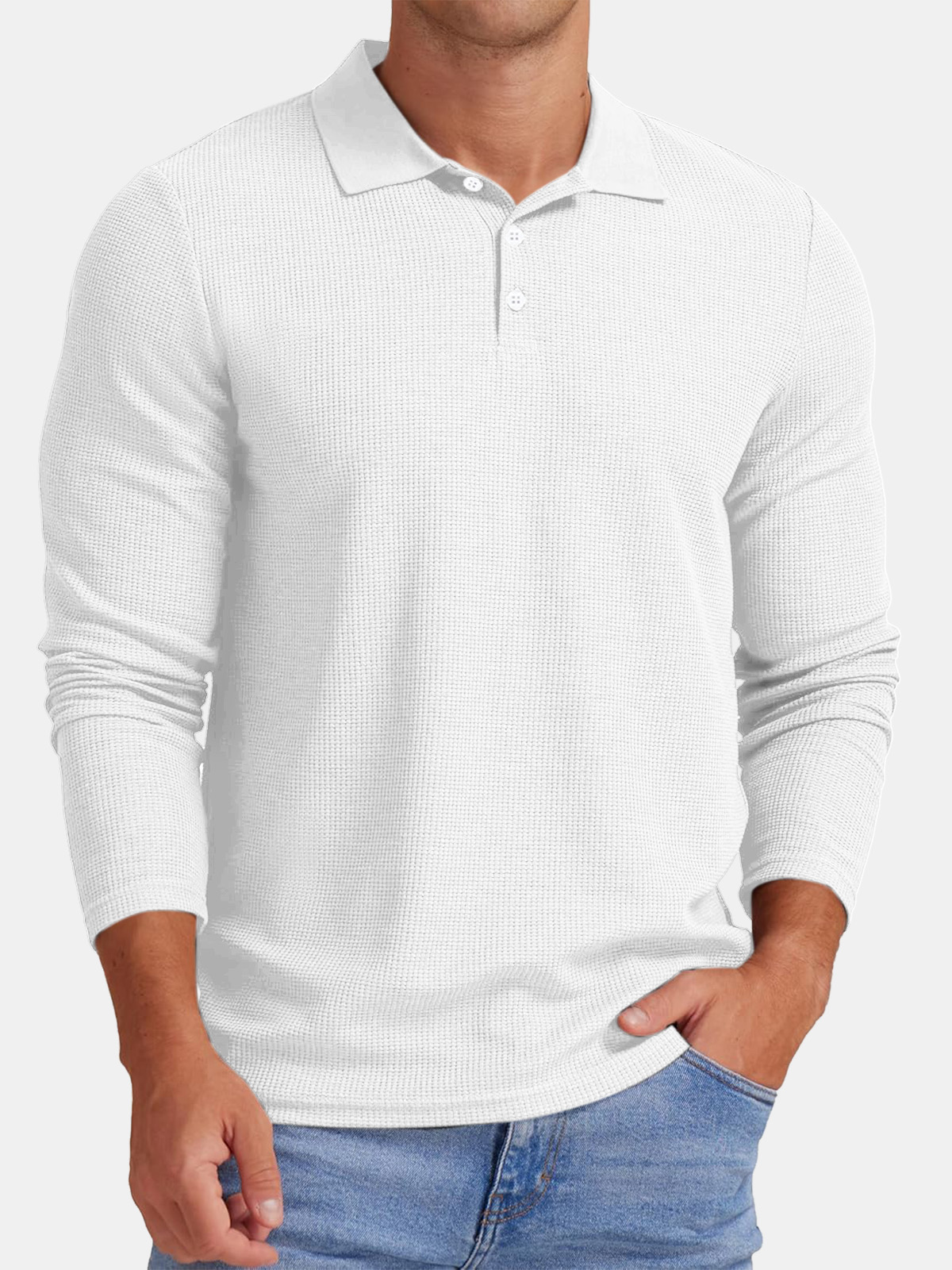 Men's Autumn Comfortable Solid Color Waffle Button Long Sleeve Polo Shirt