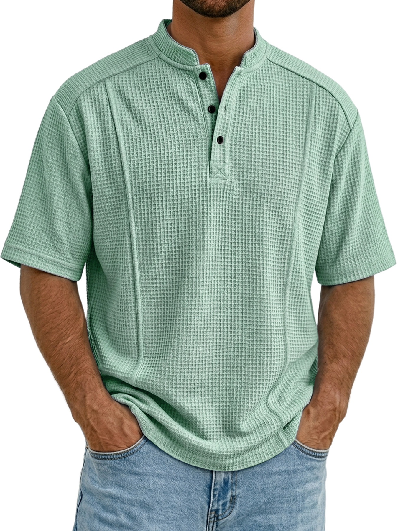 Men's Waffle Collar Button Deconstructed Casual Short-Sleeve Henley Shirt