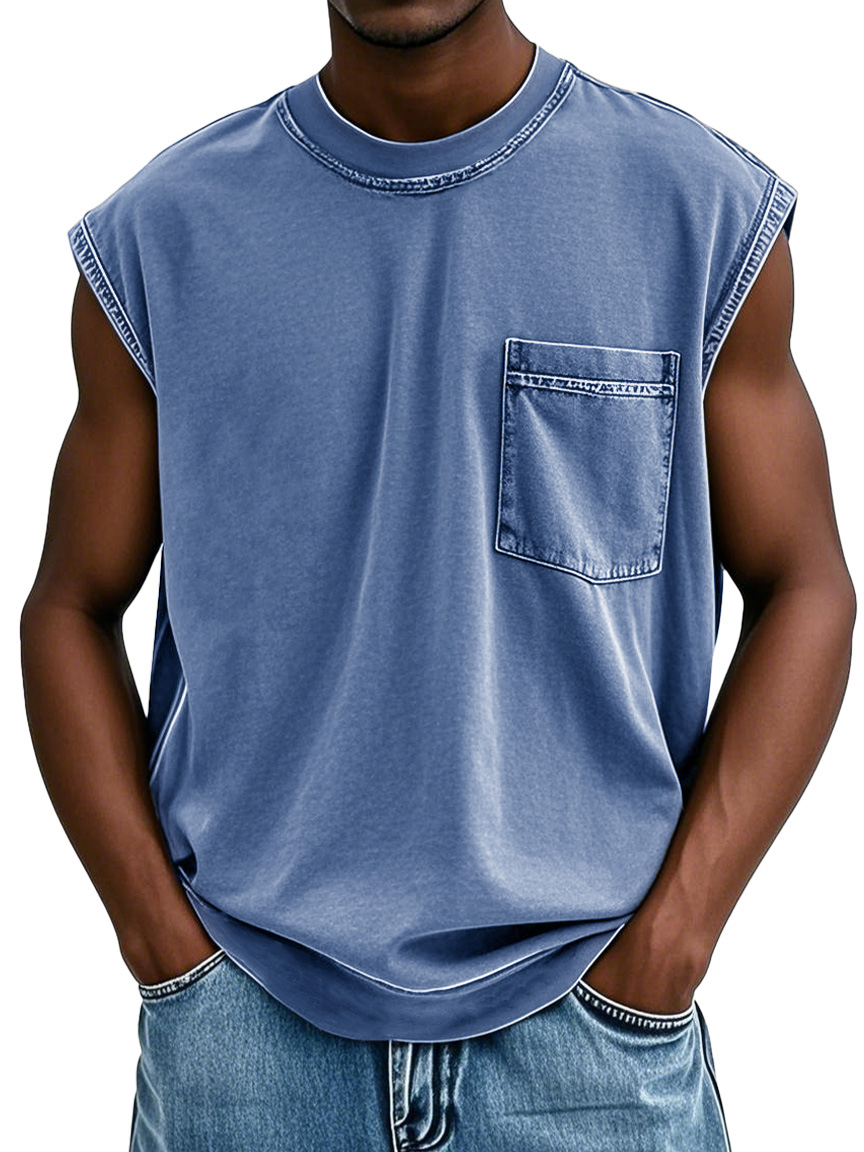 Men's Stylish Retro Distressed Short-sleeved Pocket Sleeveless T-shirt 