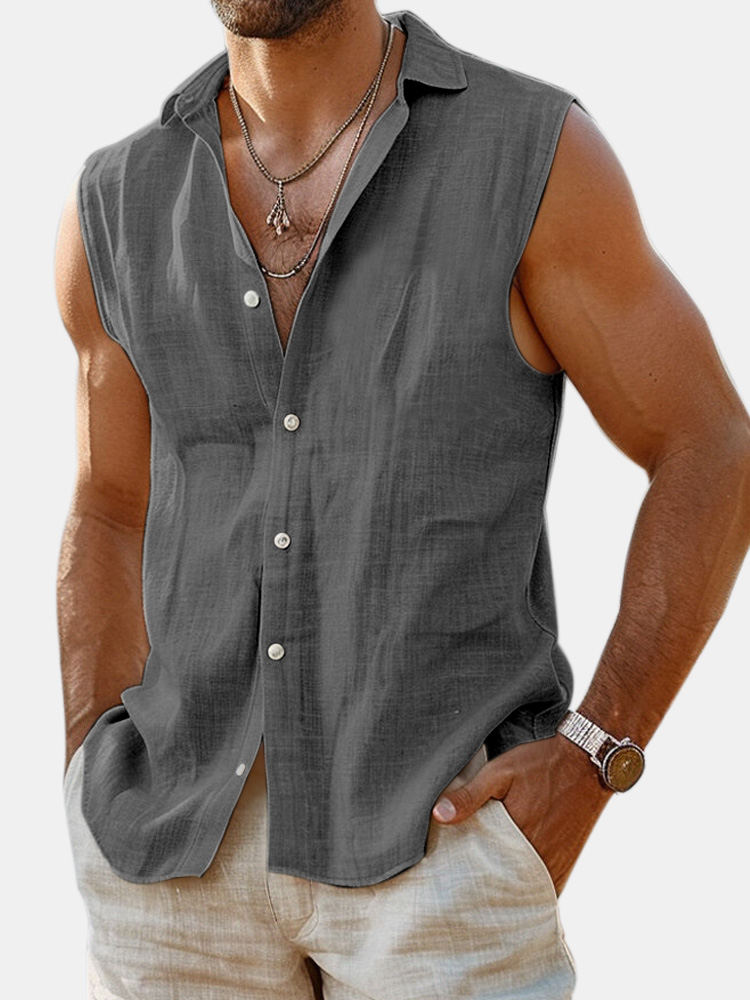 Men's Summer Daily Solid Color Imitation Linen Sleeveless Comfortable Shirt