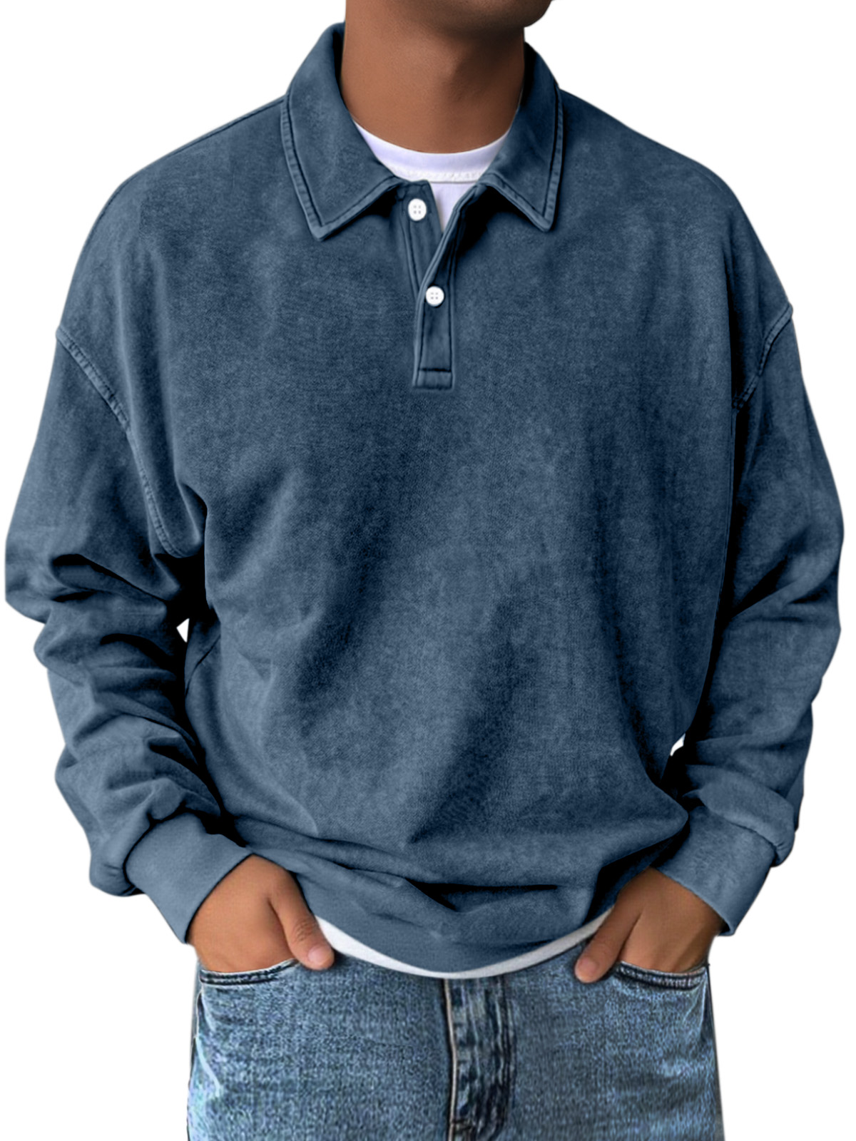 Men's Retro Simple Solid Color Lapel Button Long Sleeve Sweatshirt