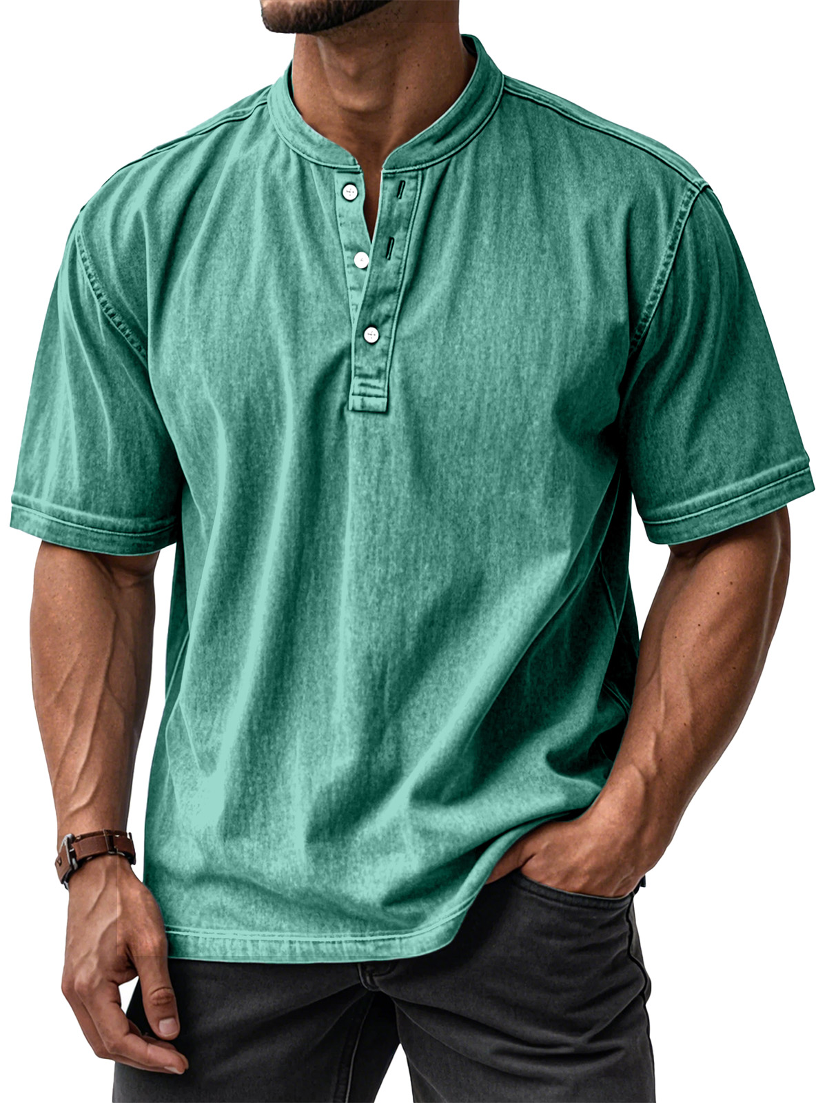Men's Casual Solid Color Vintage Loose Short Sleeve Button-down Henley Shirt