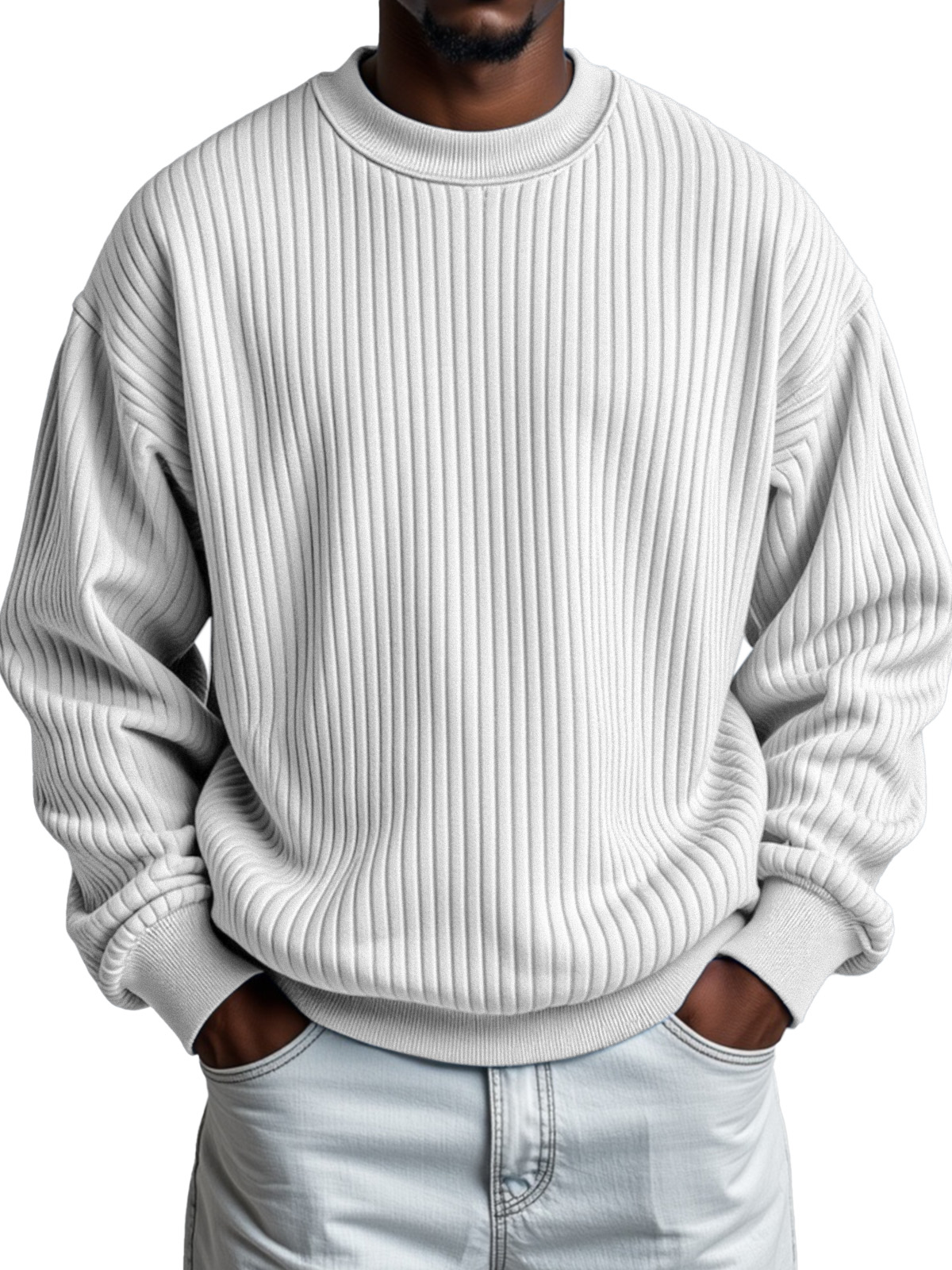 Men's Solid Color Quilted Vertical Pit Strip Round Neck Sweatshirt