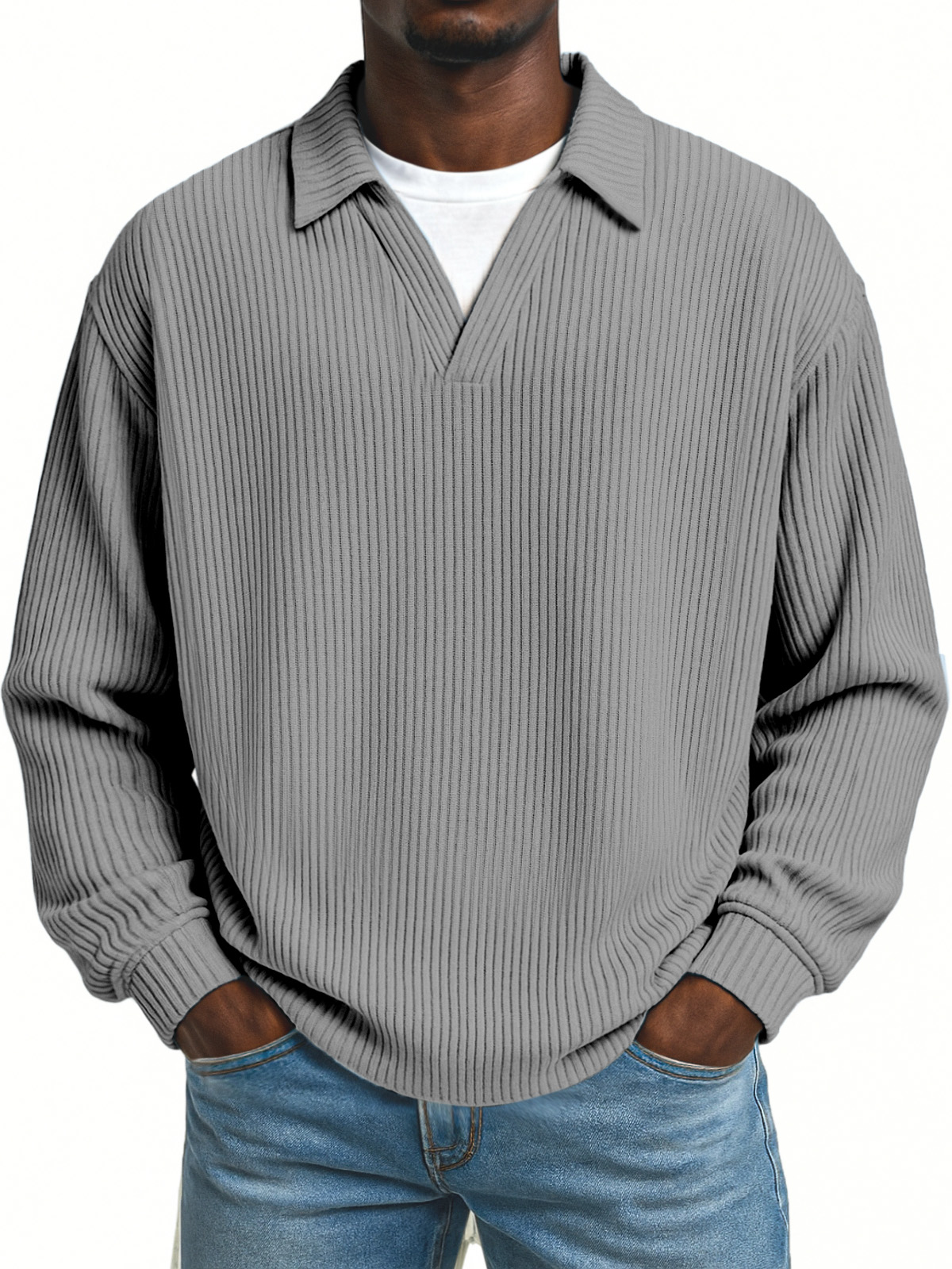 Men's Simple Loose Pit Striped Fake Two-piece Lapel Long-sleeved Polo Shirt