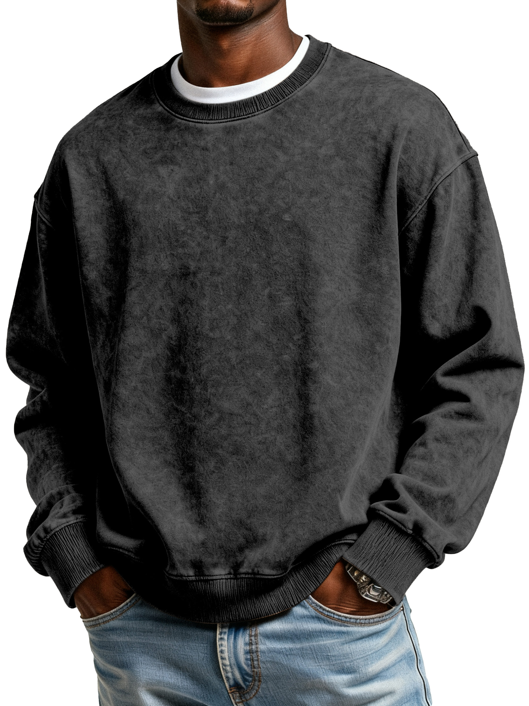 Heavy Washed Distressed Round Neck Pure Cotton Popular Off-shoulder Round Neck Sweatshirt