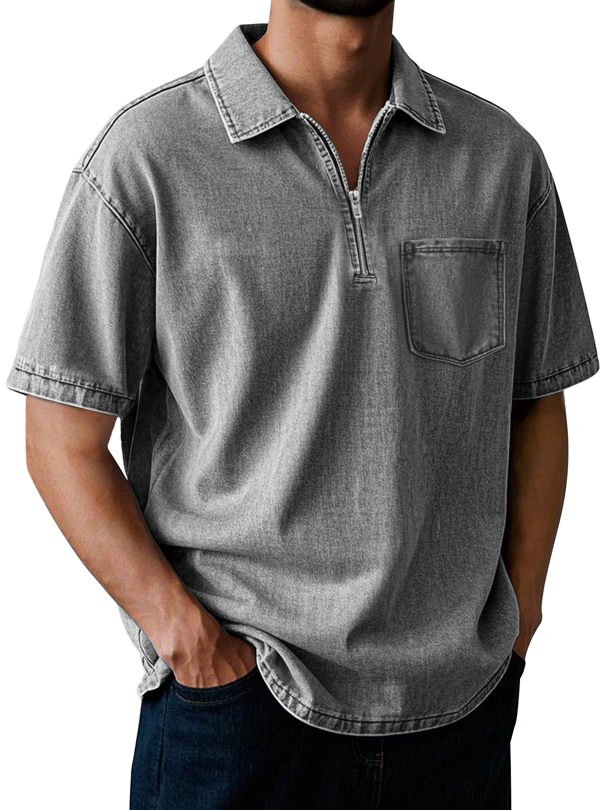 Men's Retro Lapel Zipper Pocket Casual Solid Color Short Sleeve POLO Shirt