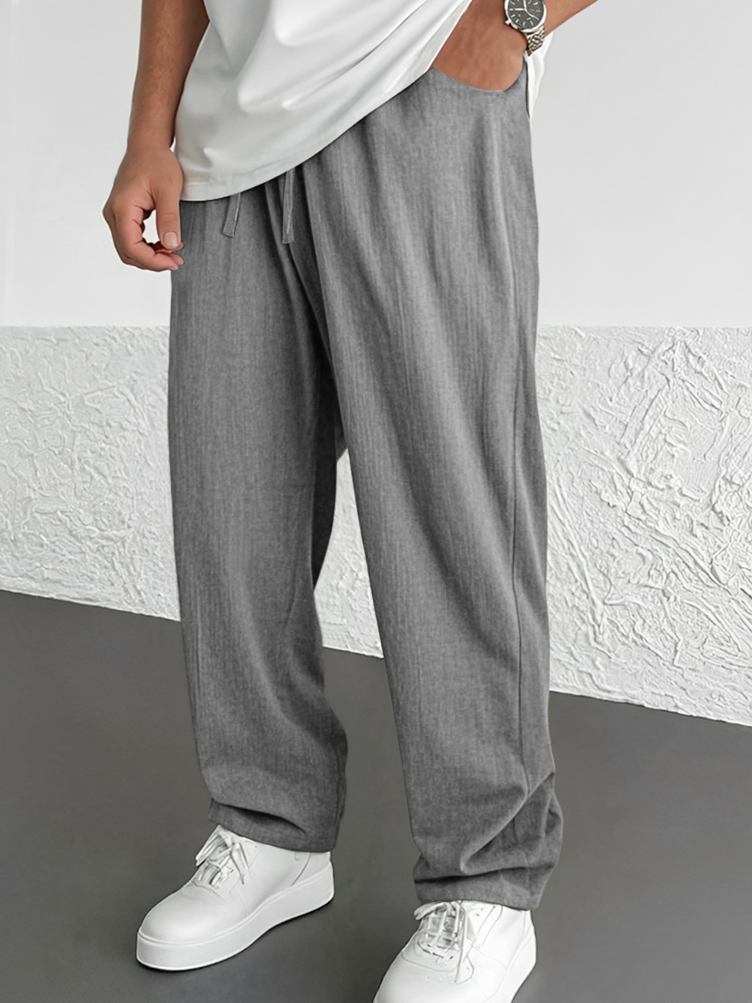 Men's Summer Daily Cotton And Linen Elastic Waist Casual Solid Color Comfortable Trousers