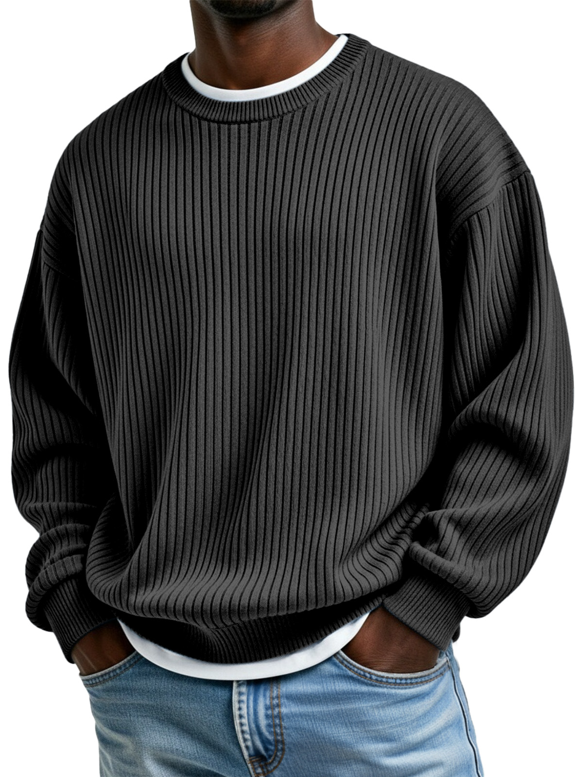 Basic Casual Ribbed Crew Neck Long-sleeved Sweatshirt