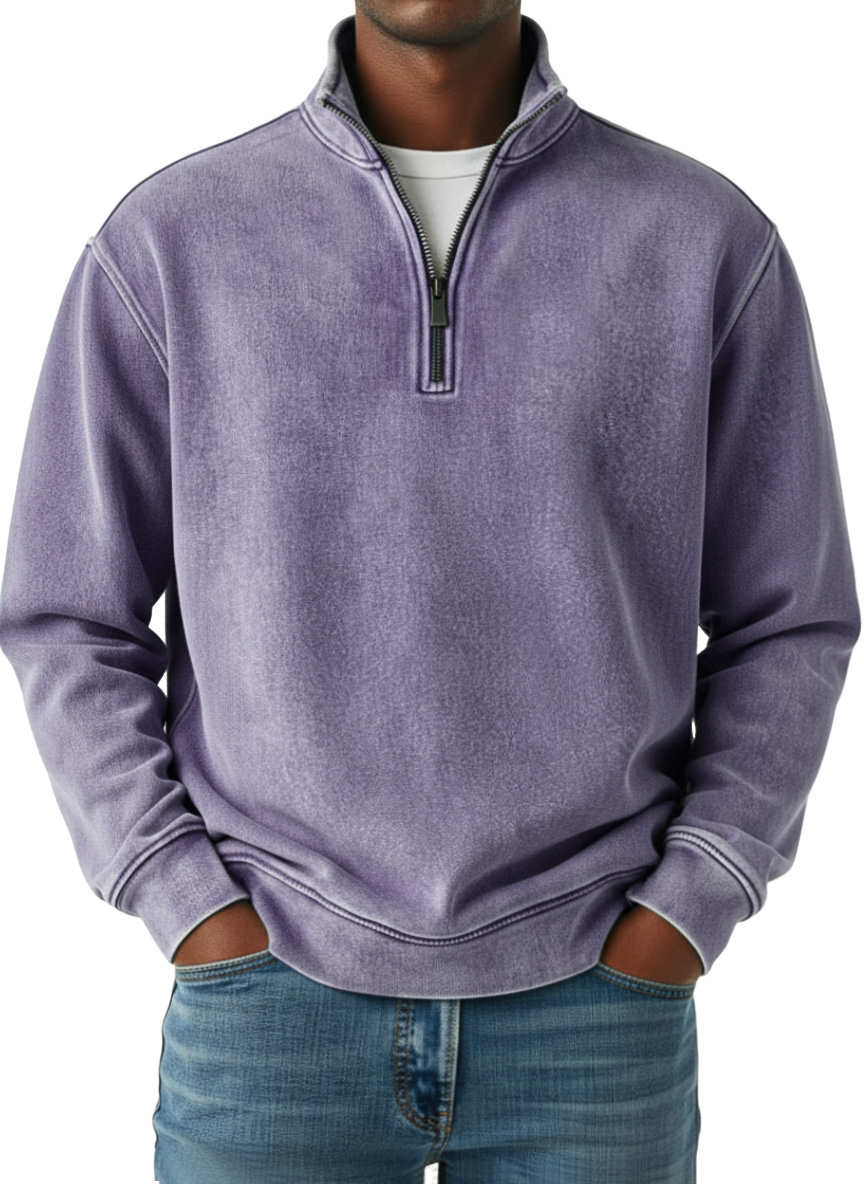Men's Retro Solid Color Quarter Zip Long Sleeve Polo Shirt