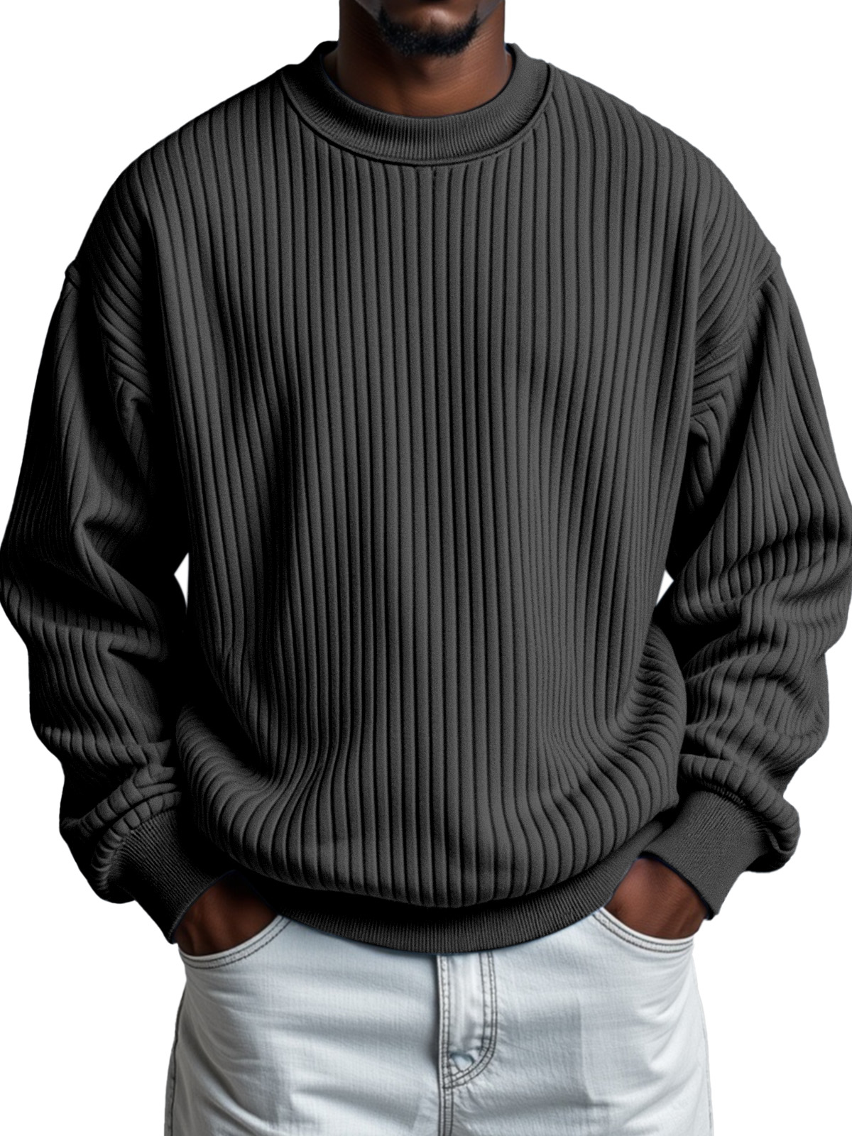 Men's Solid Color Quilted Vertical Pit Strip Round Neck Sweatshirt