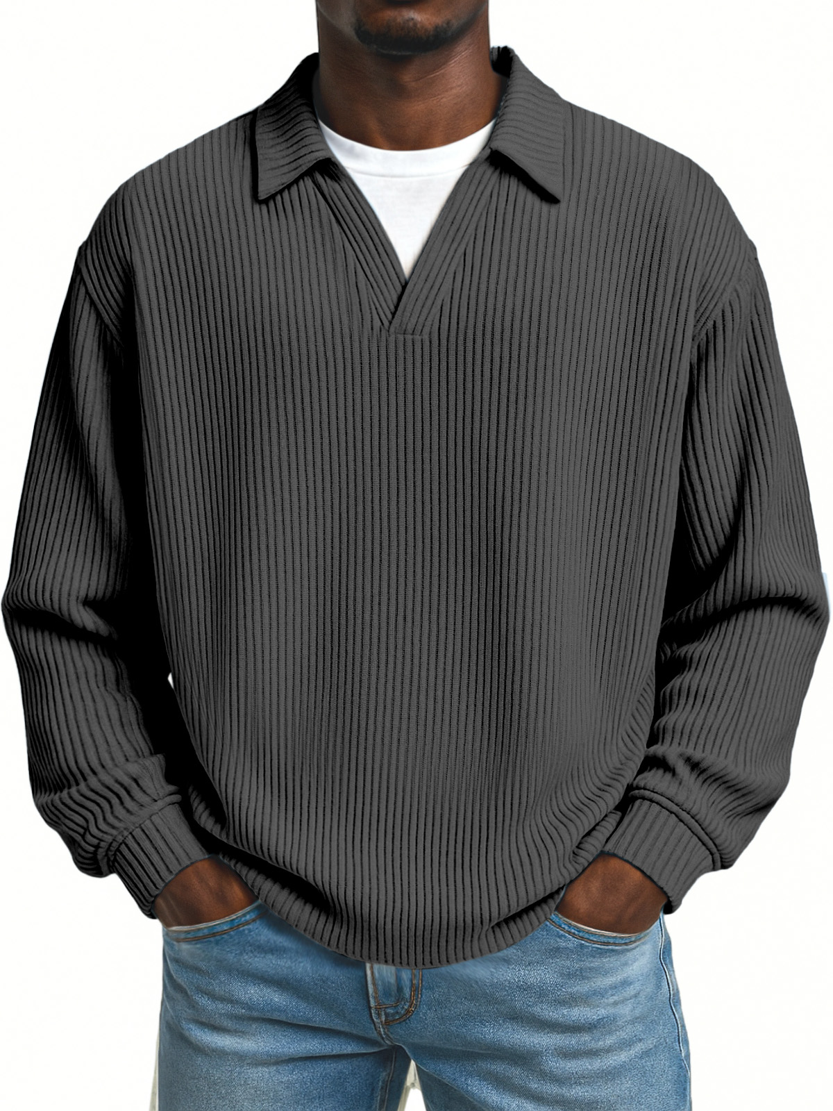 Men's Simple Loose Pit Striped Fake Two-piece Lapel Long-sleeved Polo Shirt