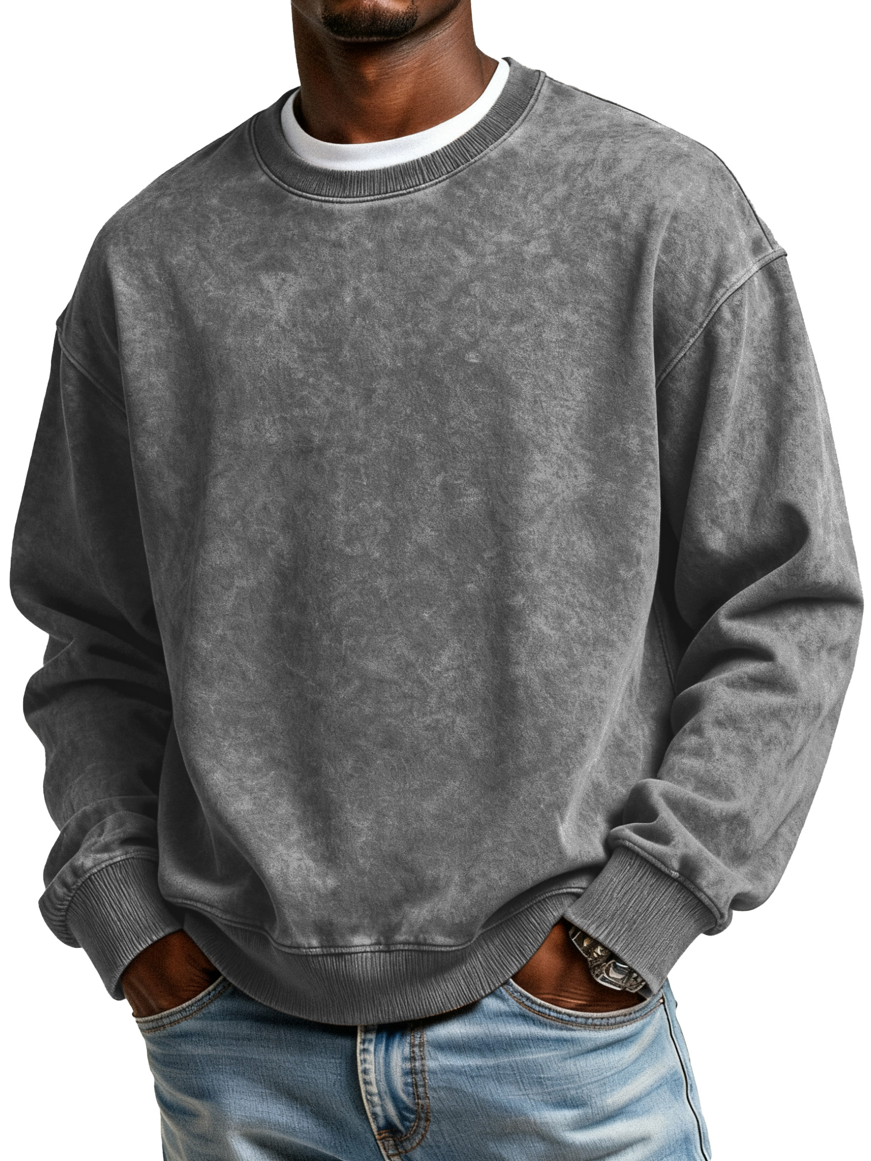 Heavy Washed Distressed Round Neck Pure Cotton Popular Off-shoulder Round Neck Sweatshirt