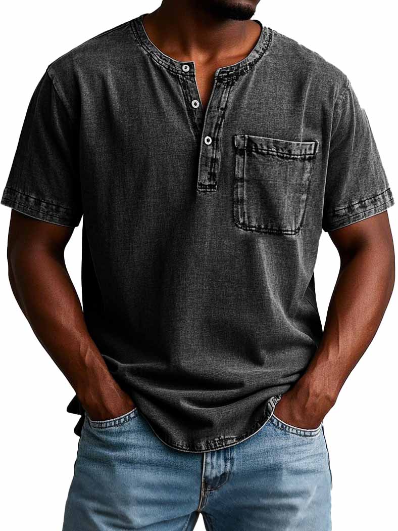Men's Fashion Casual Vintage Distressed Pocket Short Sleeve Henley Shirt