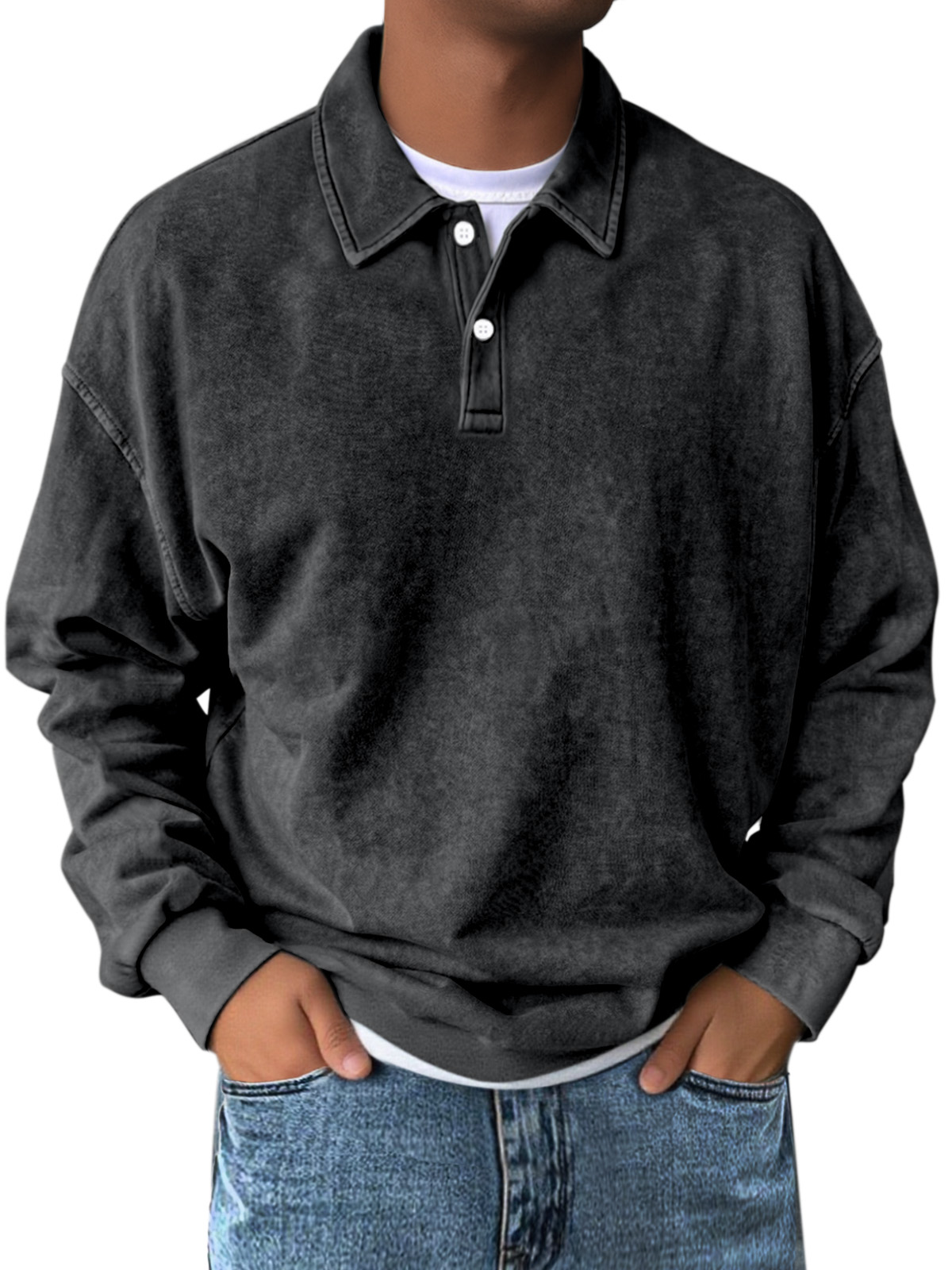 Men's Retro Simple Solid Color Lapel Button Long Sleeve Sweatshirt