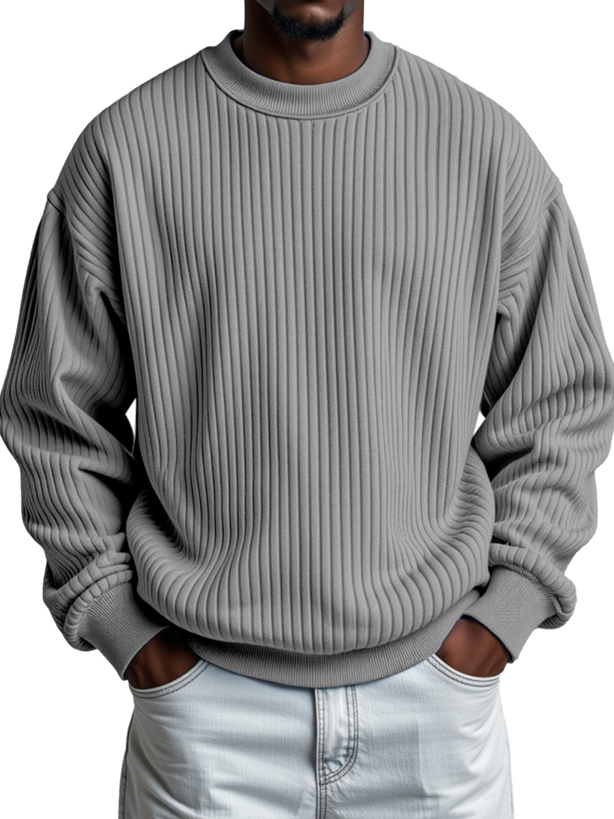 Men's Solid Color Quilted Vertical Pit Strip Round Neck Sweatshirt