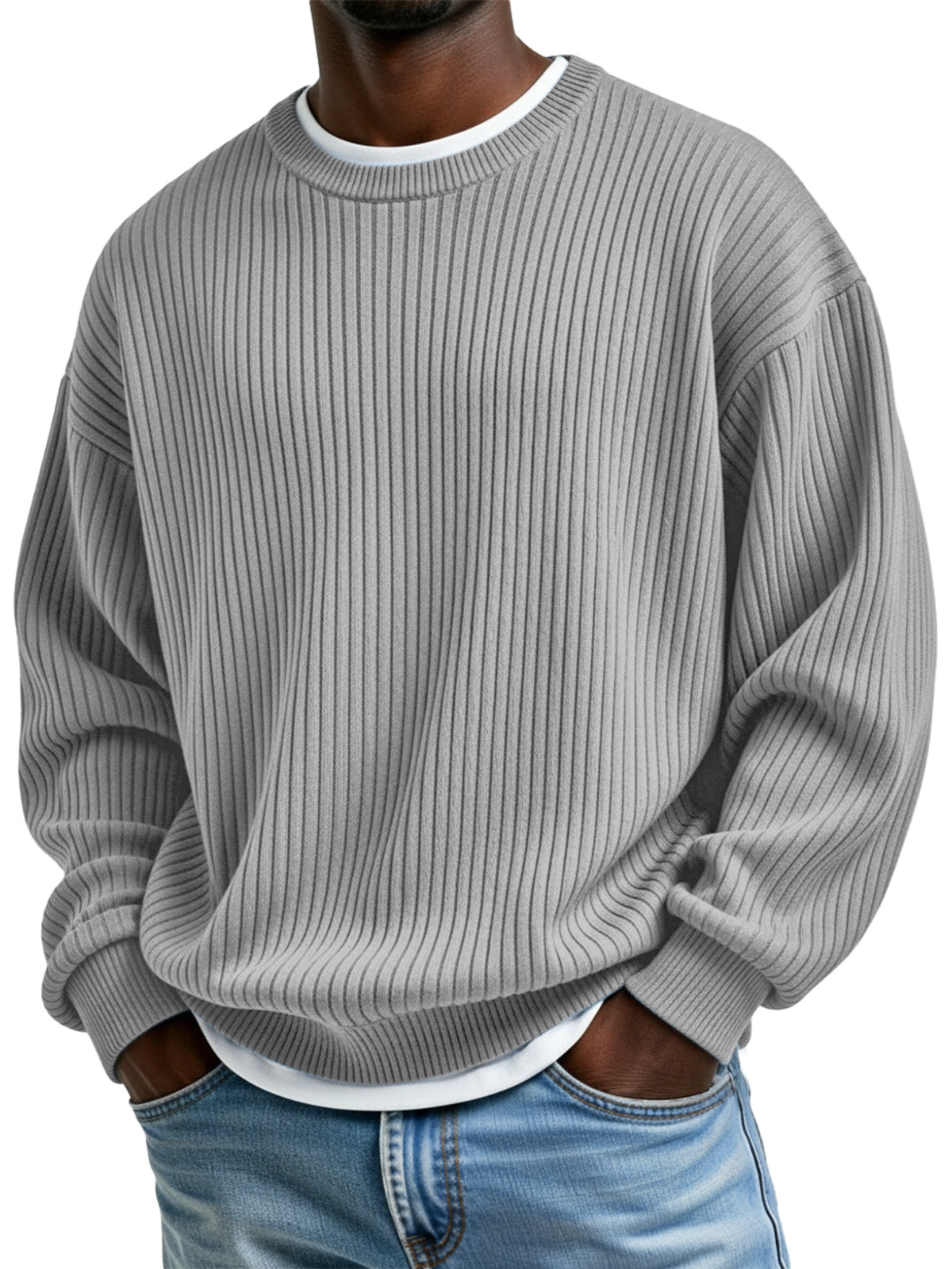 Basic Casual Ribbed Crew Neck Long-sleeved Sweatshirt