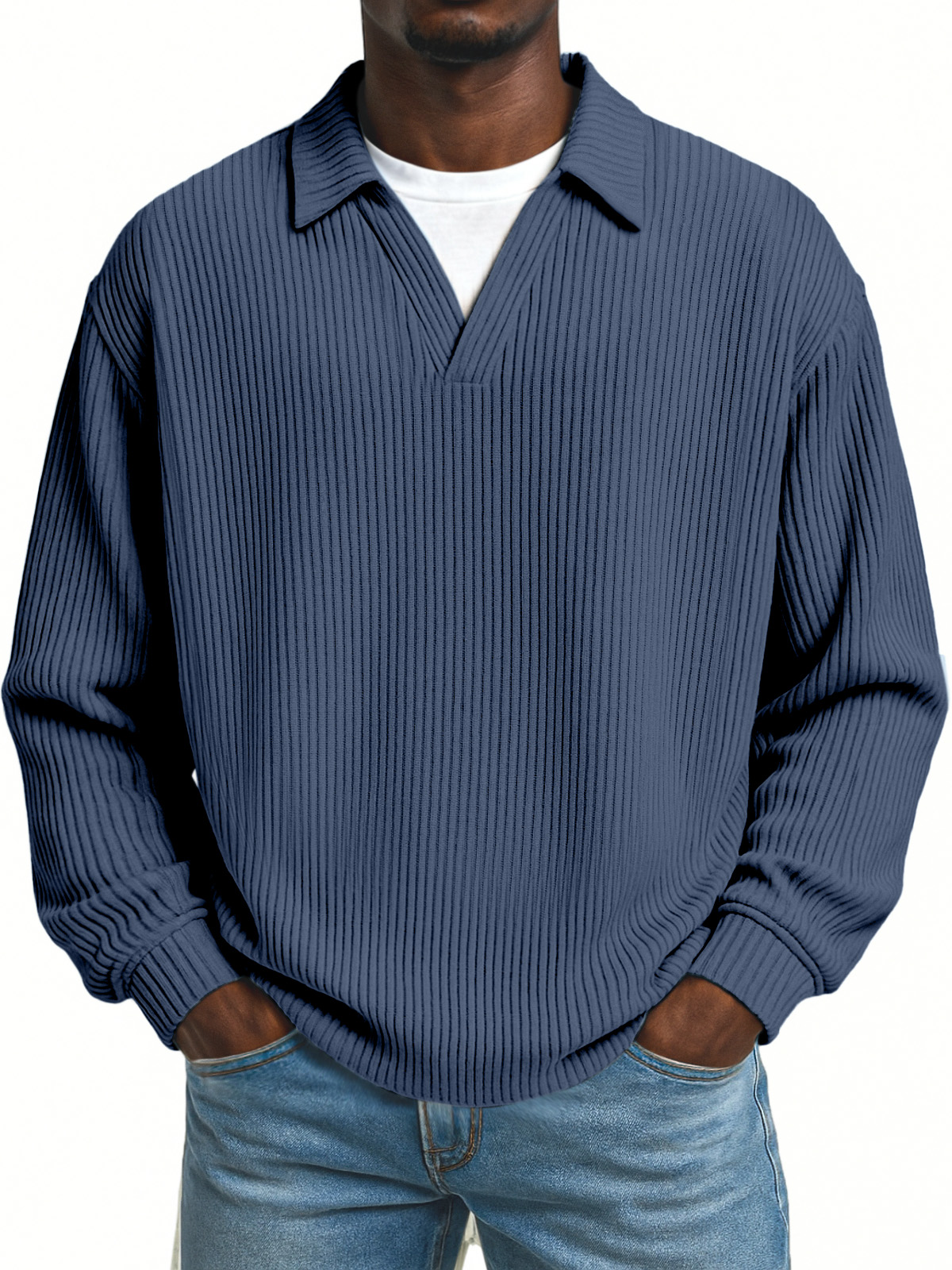 Men's Simple Loose Pit Striped Fake Two-piece Lapel Long-sleeved Polo Shirt