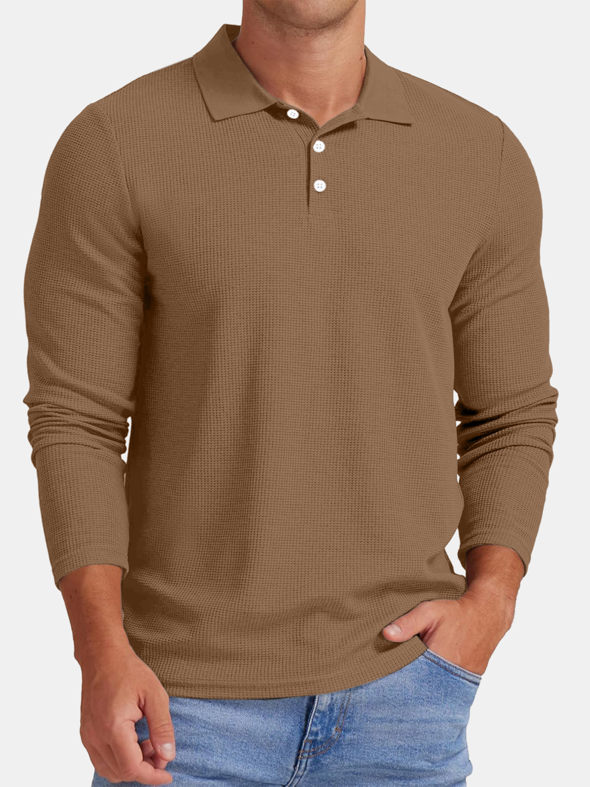 Men's Autumn Comfortable Solid Color Waffle Button Long Sleeve Polo Shirt