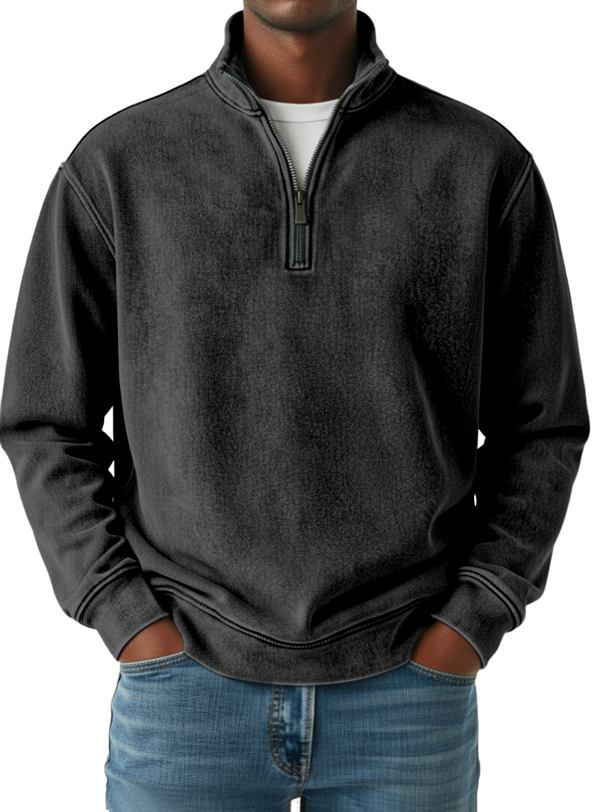 Men's Retro Solid Color Quarter Zip Long Sleeve Polo Shirt