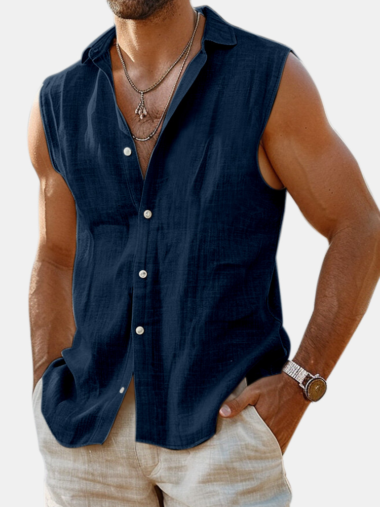 Men's Summer Daily Solid Color Imitation Linen Sleeveless Comfortable Shirt