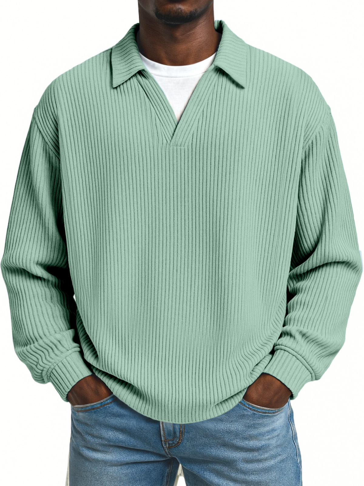 Men's Simple Loose Pit Striped Fake Two-piece Lapel Long-sleeved Polo Shirt