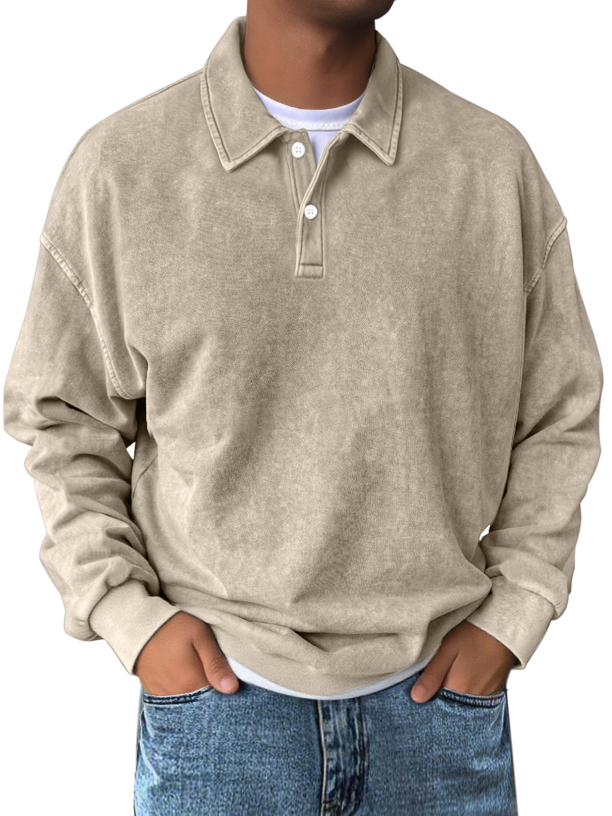 Men's Retro Simple Solid Color Lapel Button Long Sleeve Sweatshirt