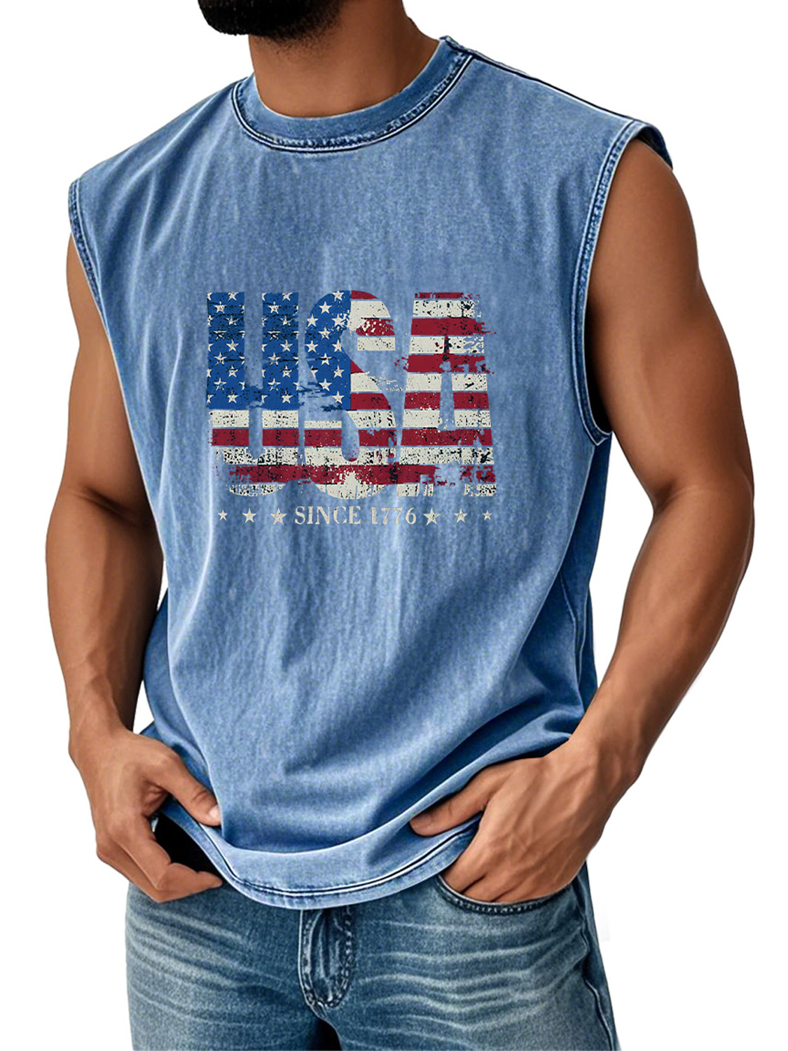 Men's Retro Everyday Independence Day USA Flag Printed Casual Round Neck Sleeveless Vest
