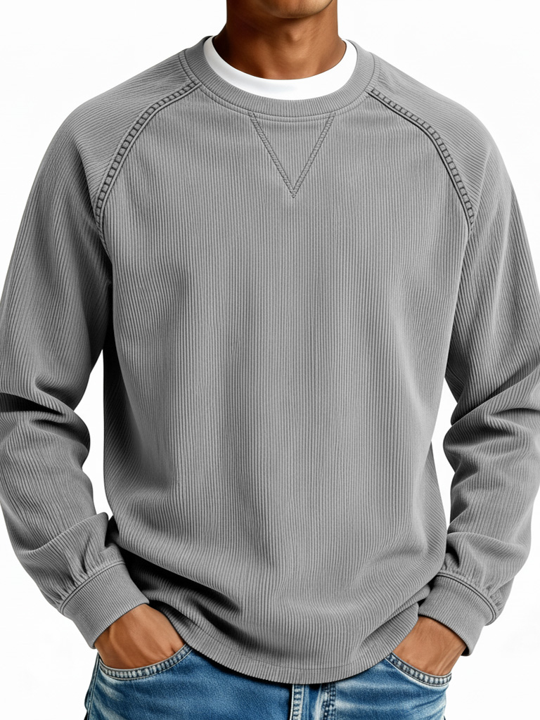 Men's Fashionable Casual Retro Ribbed Fabric Long-Sleeve Crew Neck Top