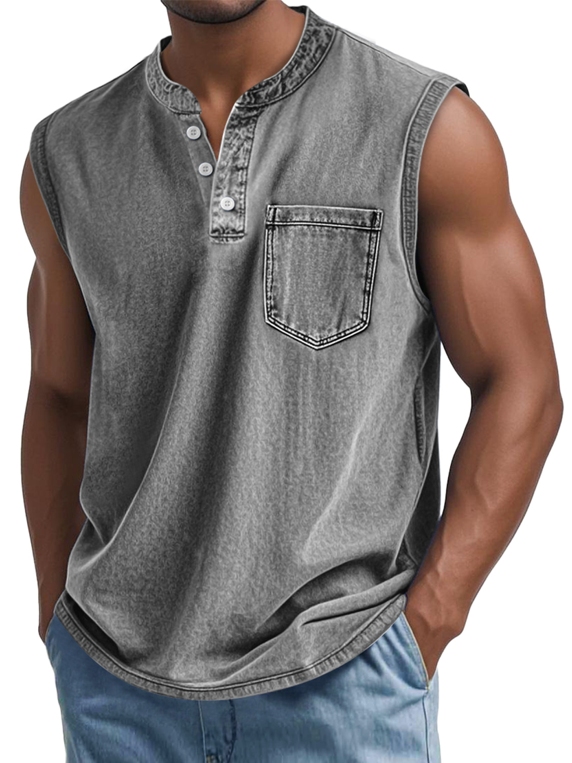 Men's Vintage Washed Cotton Stand Collar Pocket Casual Sleeveless Henley Vest