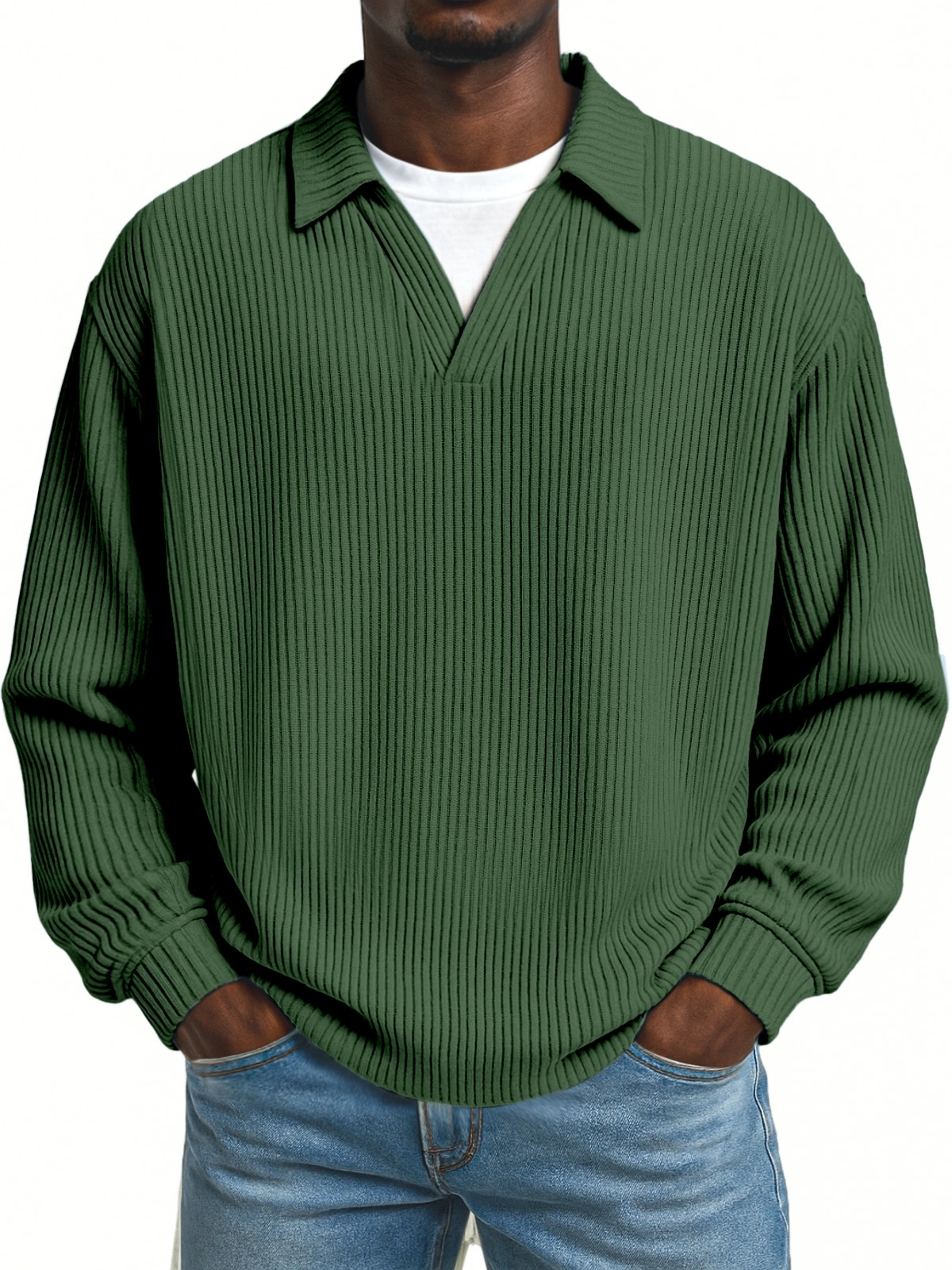 Men's Simple Loose Pit Striped Fake Two-piece Lapel Long-sleeved Polo Shirt