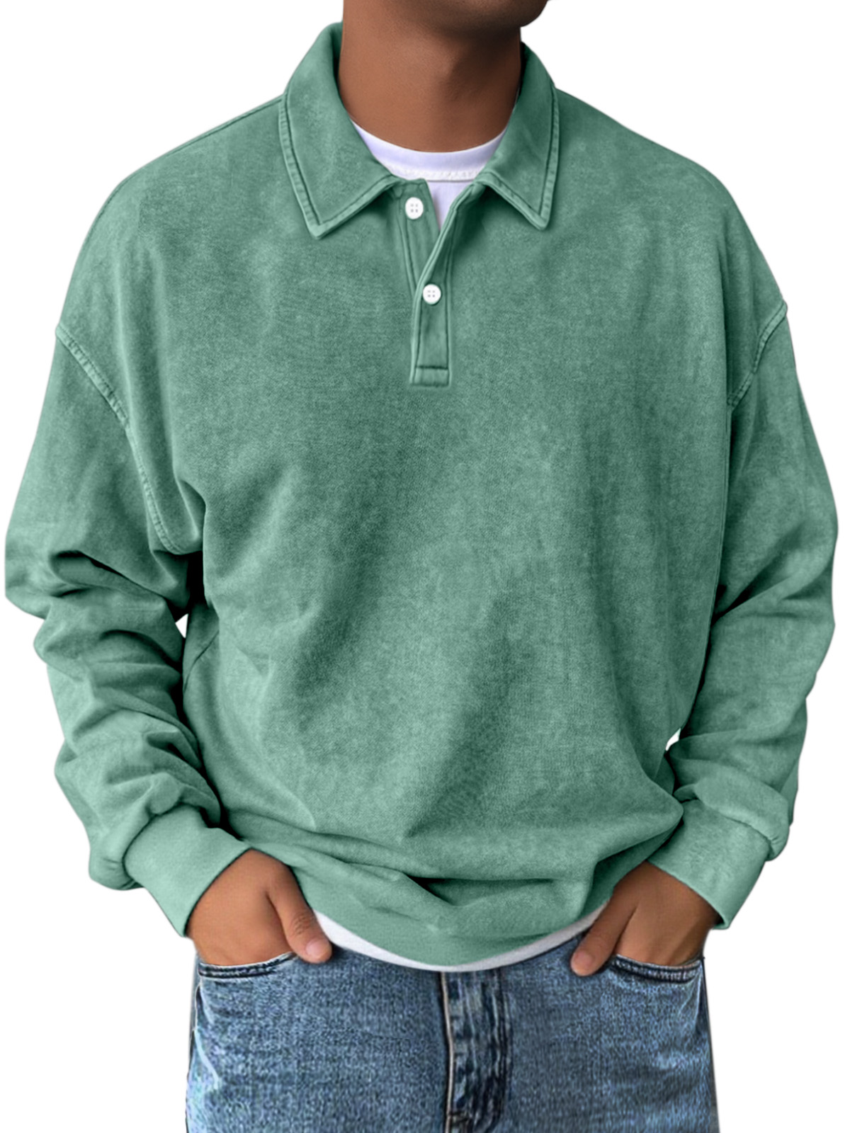 Men's Retro Simple Solid Color Lapel Button Long Sleeve Sweatshirt