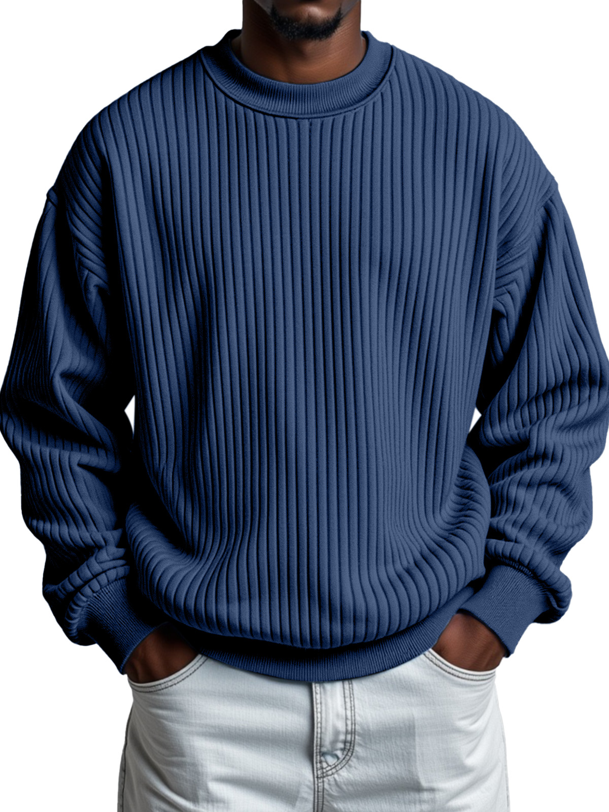 Men's Solid Color Quilted Vertical Pit Strip Round Neck Sweatshirt