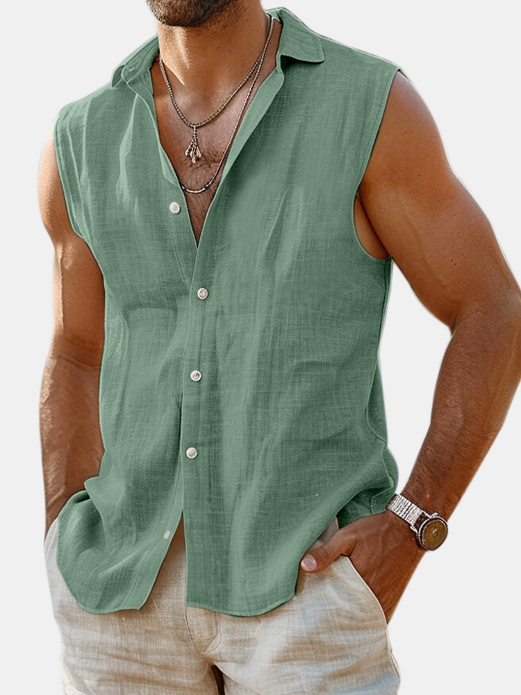 Men's Summer Daily Solid Color Imitation Linen Sleeveless Comfortable Shirt