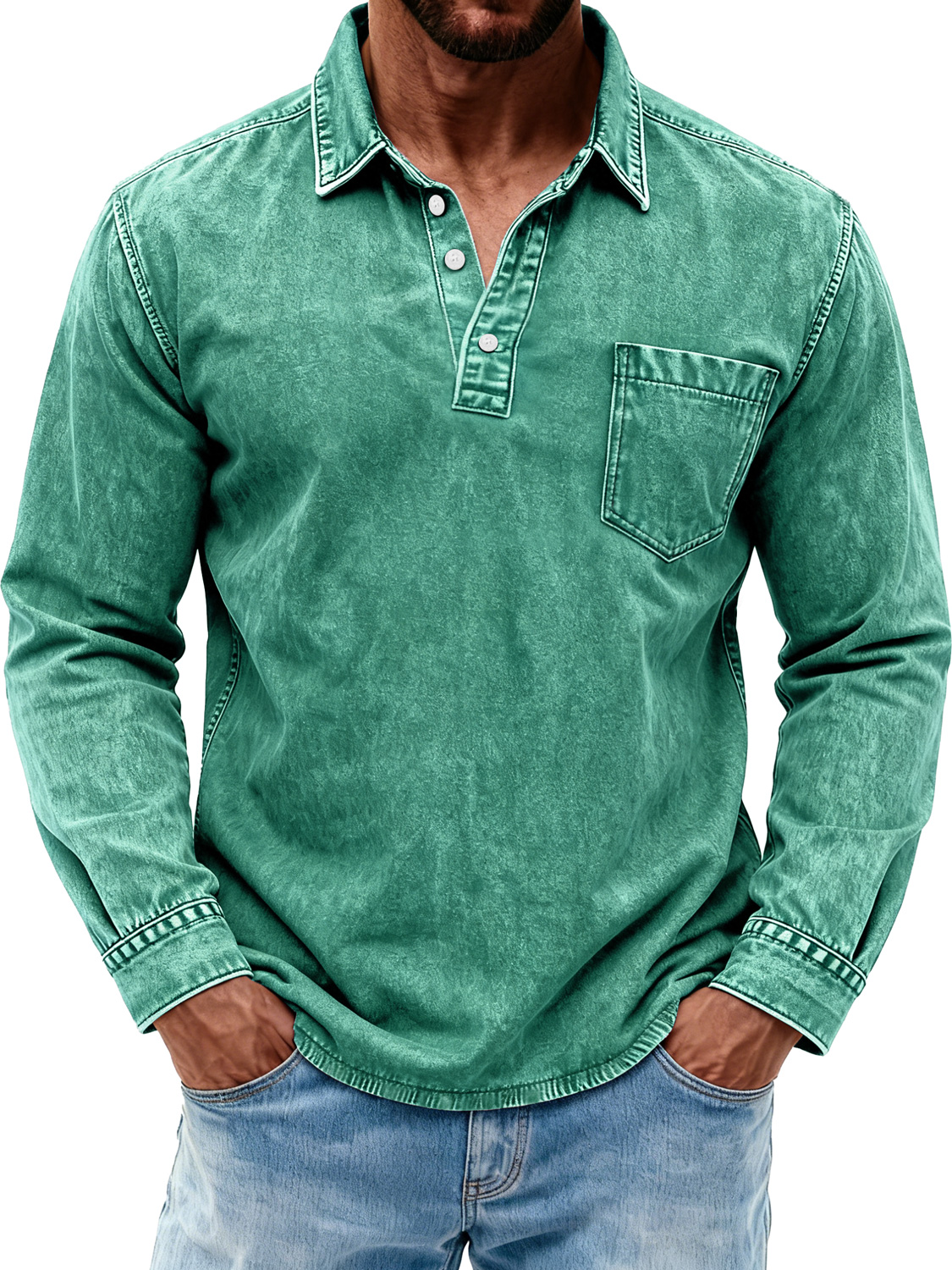 Men's Retro Washed Casual Polo Shirt with Turn-Down Collar and Buttons