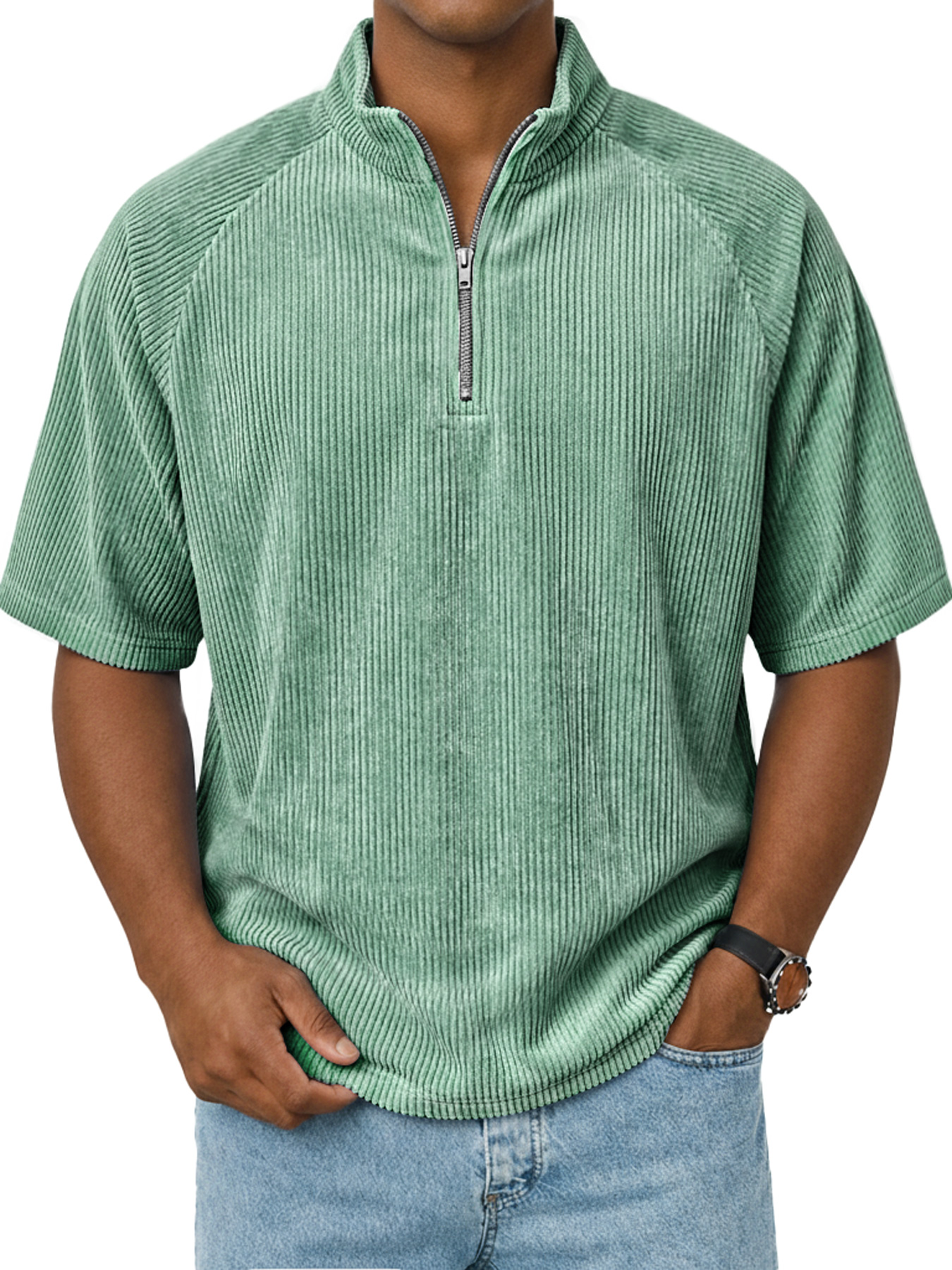 Men's Retro Raglan Corduroy Stand Collar Zipper Casual Short Sleeve T-Shirt