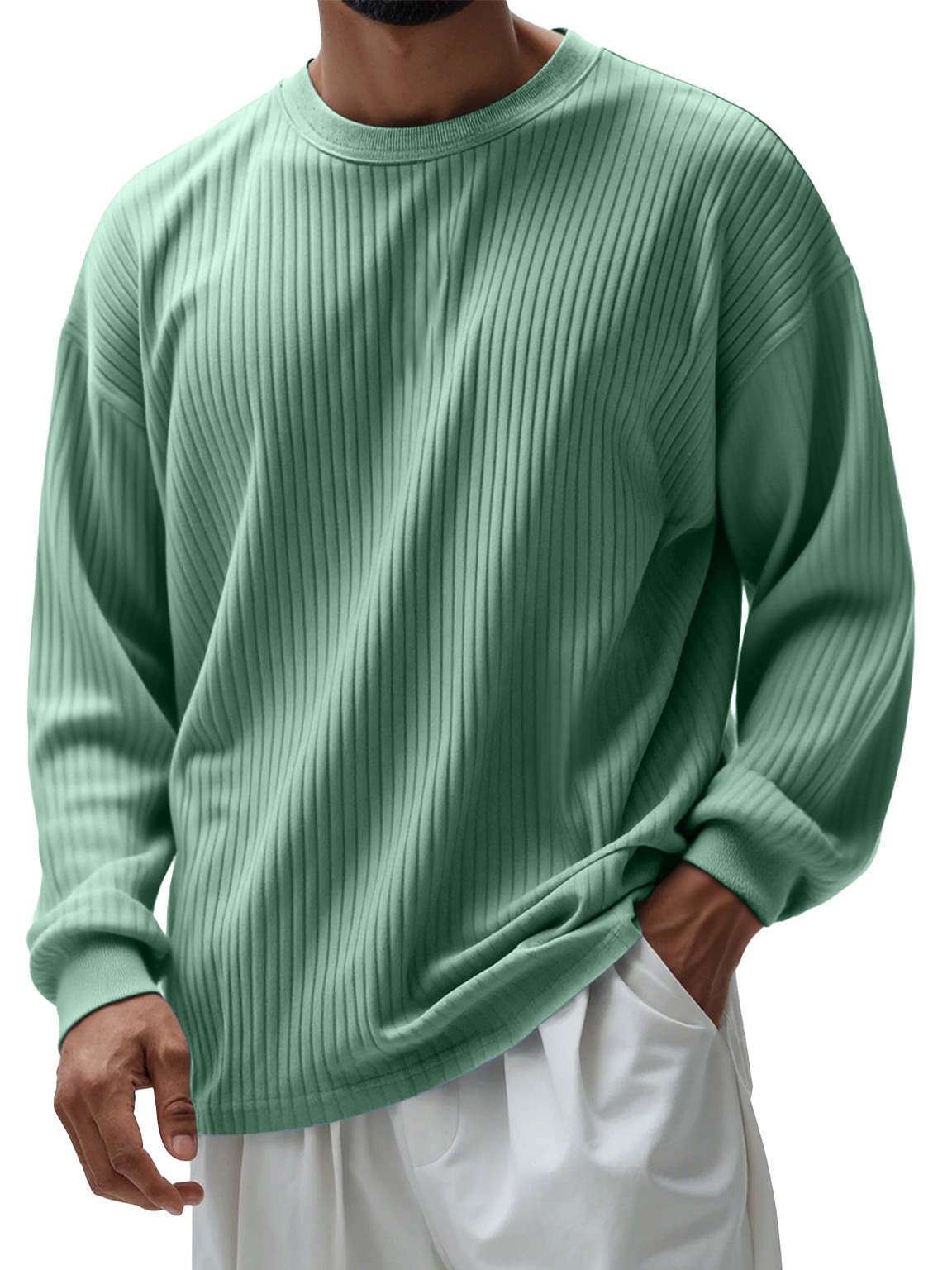 Men's Casual Round Neck Ribbed Comfortable Long Sleeve T-shirt